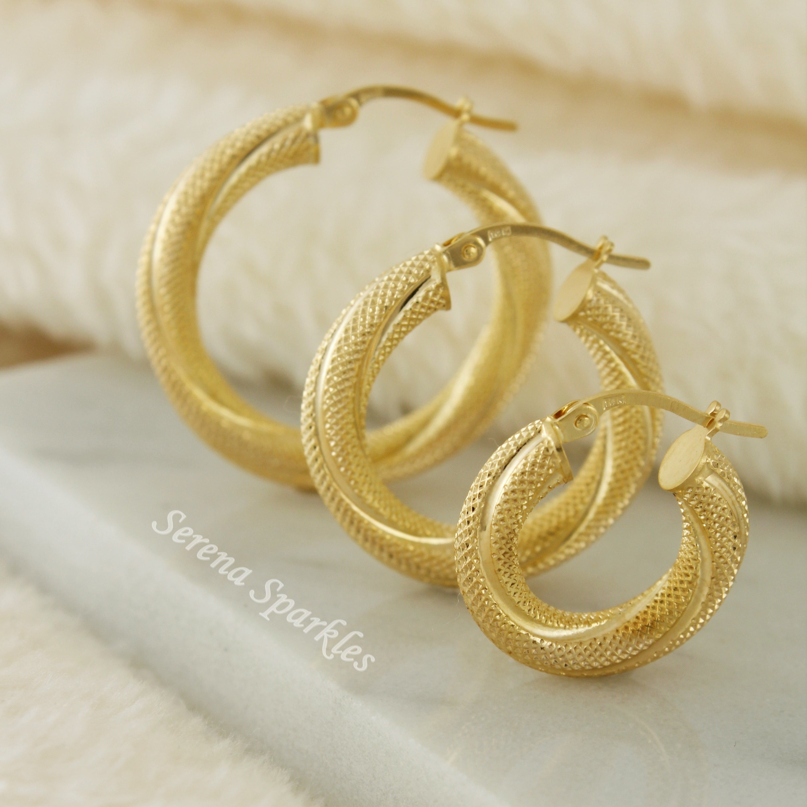 10k Solid Gold 4mm Textured Hoop Earrings - Serena Sparkles