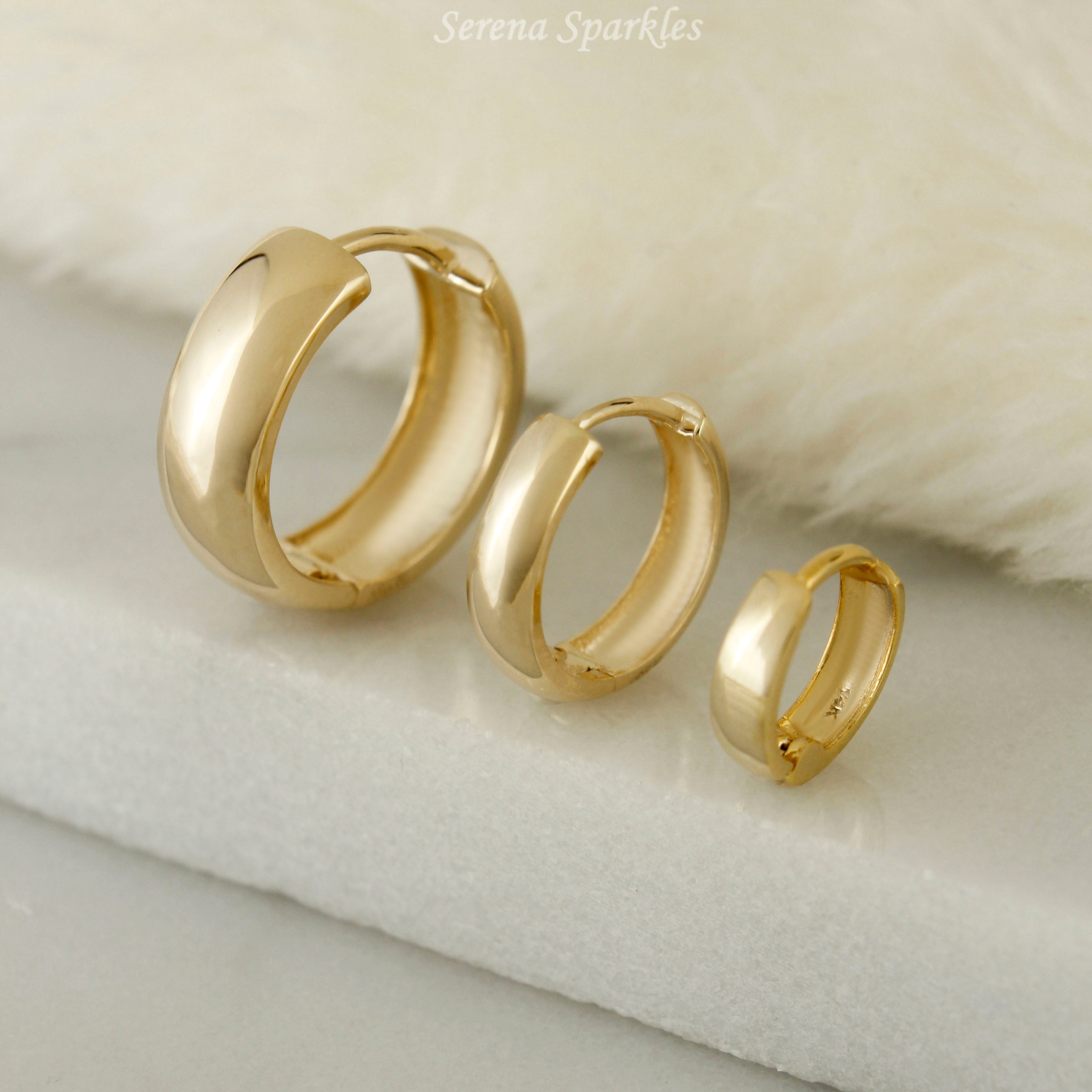 14k Solid Gold Plain Dainty Huggie Earrings - Serena Sparkles