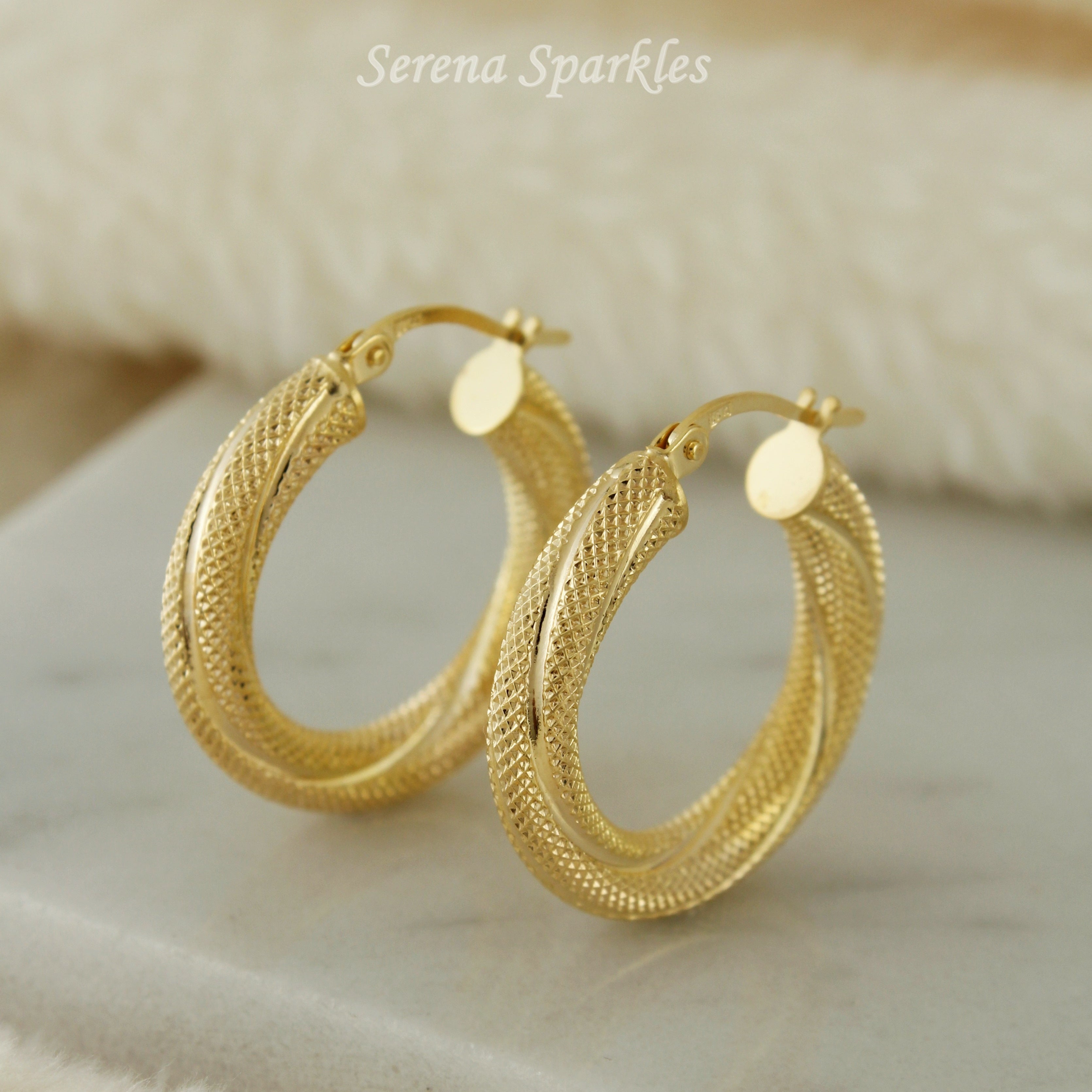 10k Solid Gold 4mm Textured Hoop Earrings - Serena Sparkles