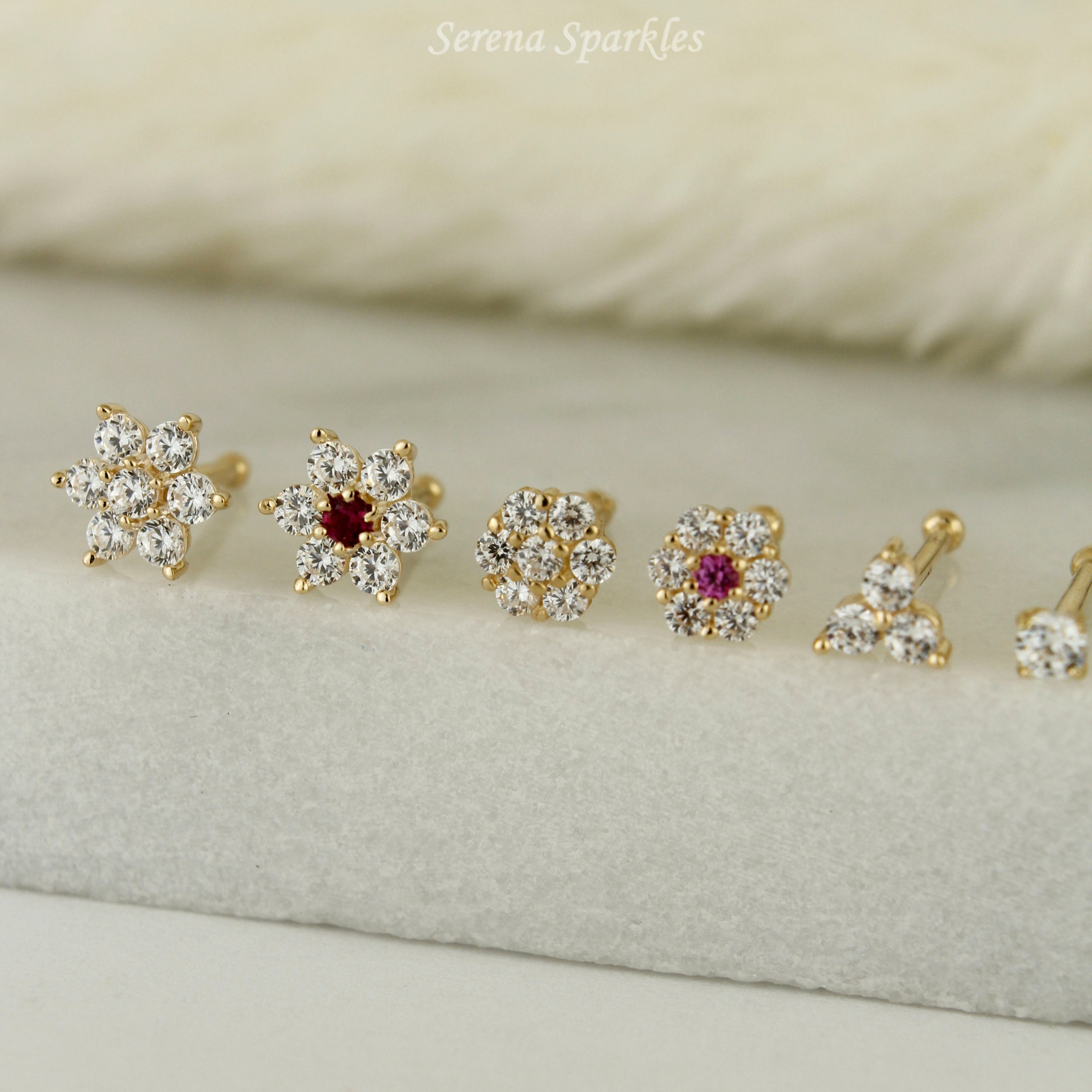 14k Solid Gold 20G Nose Stud - Serena Sparkles