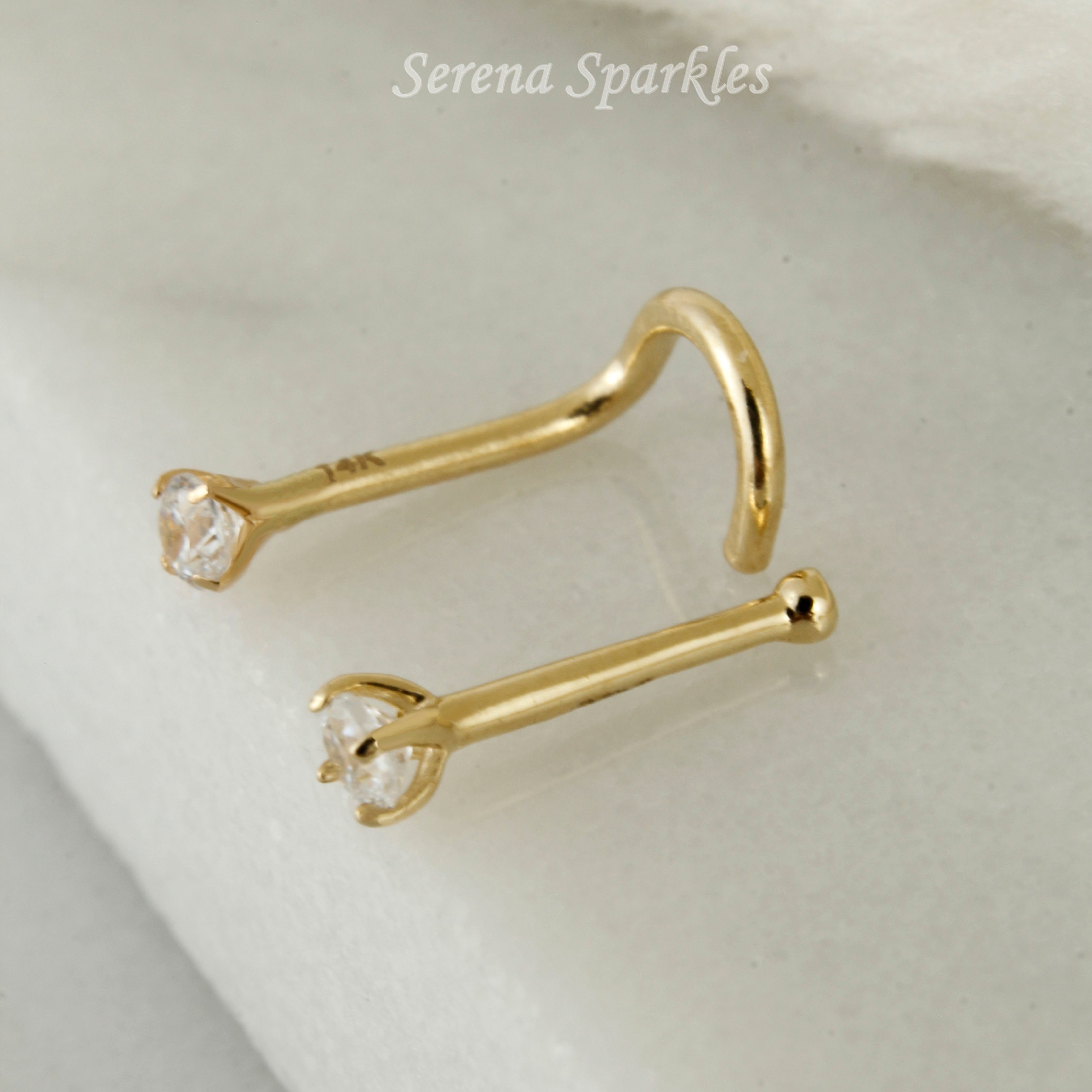 14k Solid Gold CZ Nose Stud - Serena Sparkles