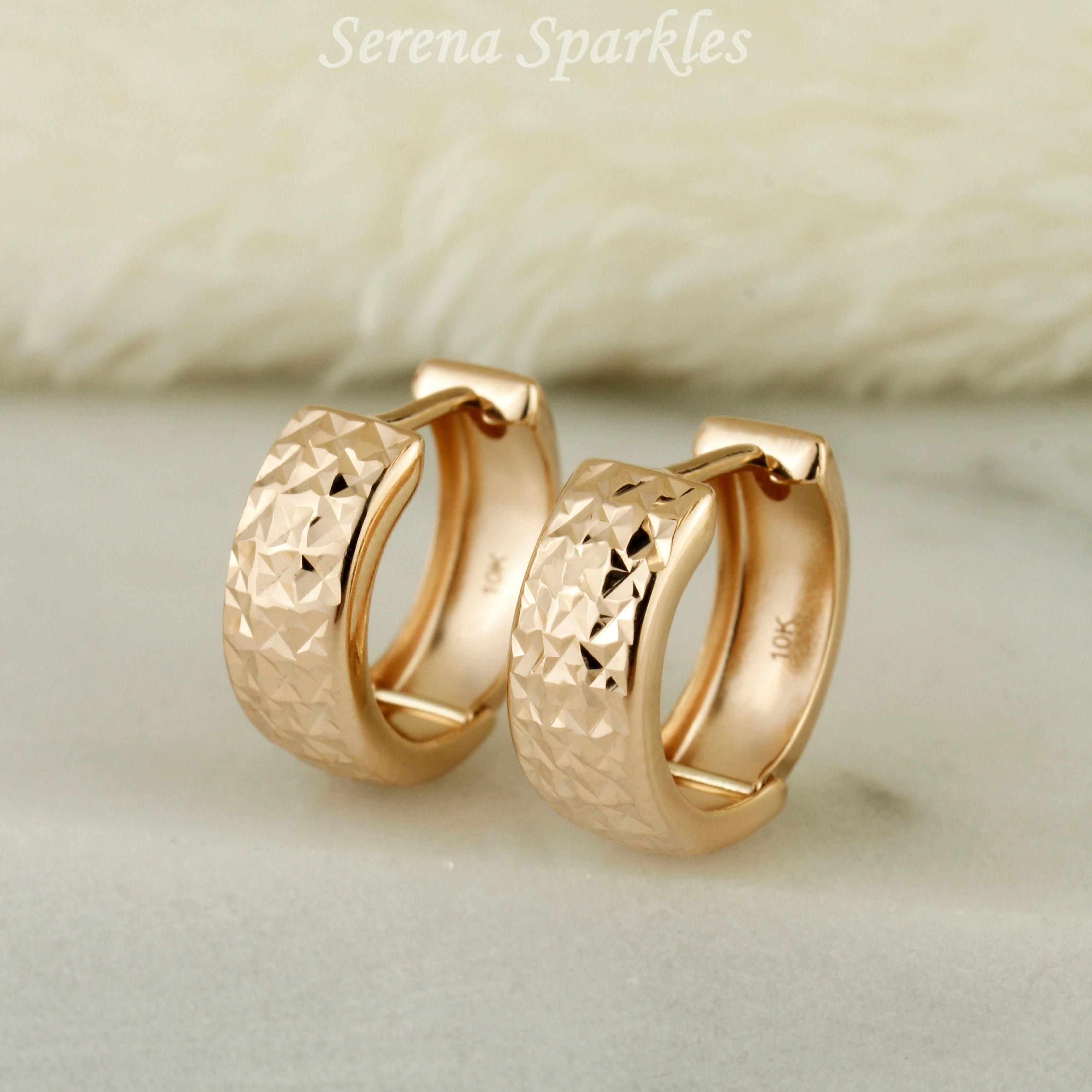 10k Solid Rose Gold Diamond Cut Textured Huggie Earrings - Serena Sparkles