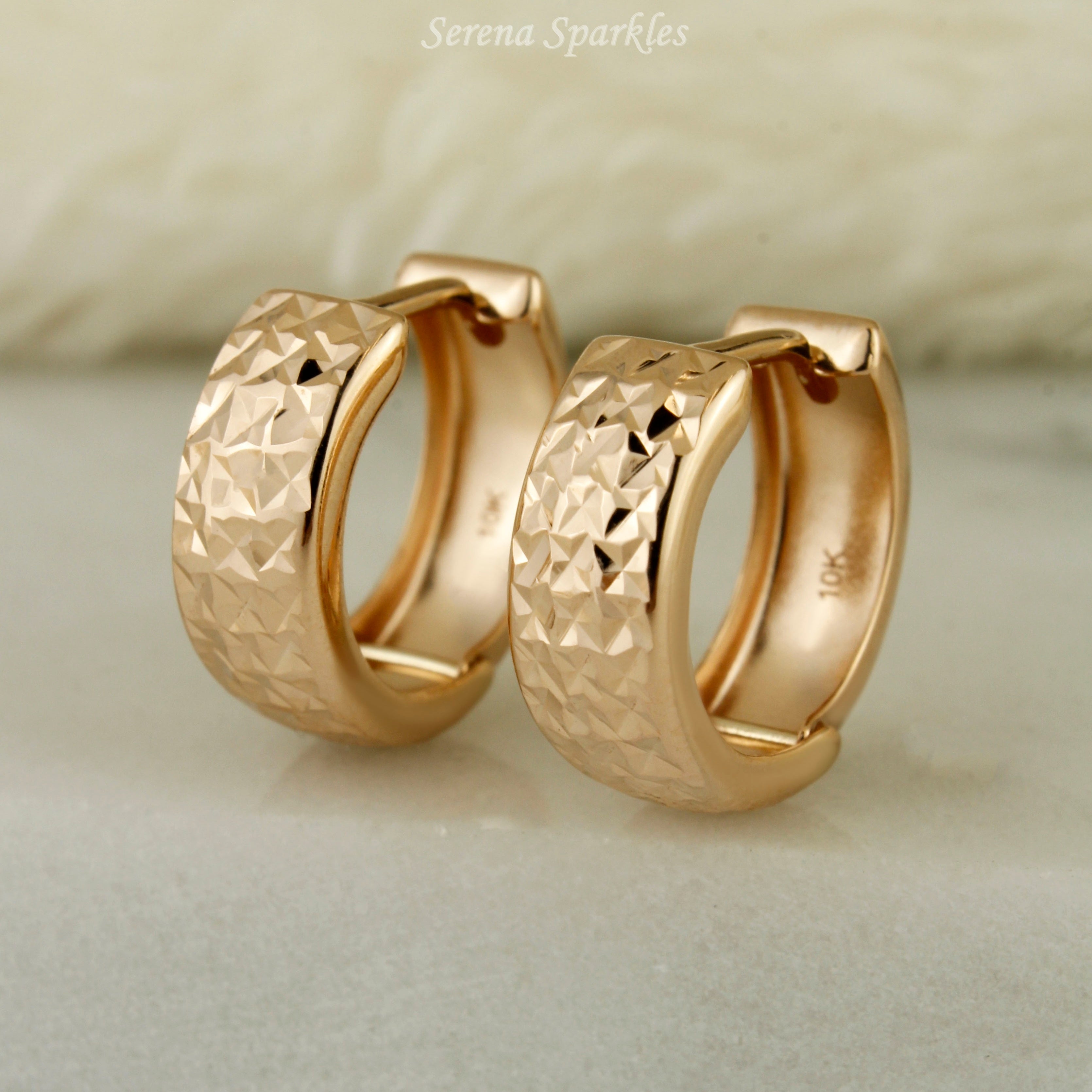 10k Solid Rose Gold Diamond Cut Textured Huggie Earrings - Serena Sparkles