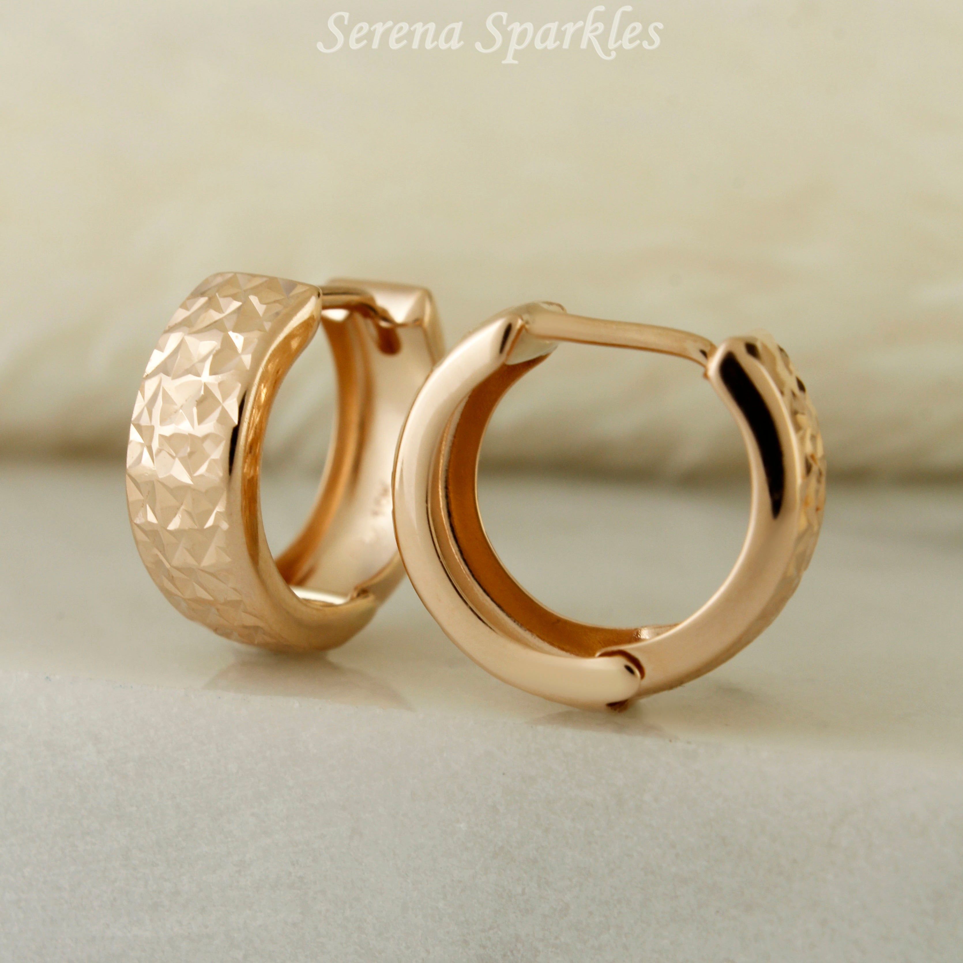 10k Solid Rose Gold Diamond Cut Textured Huggie Earrings - Serena Sparkles