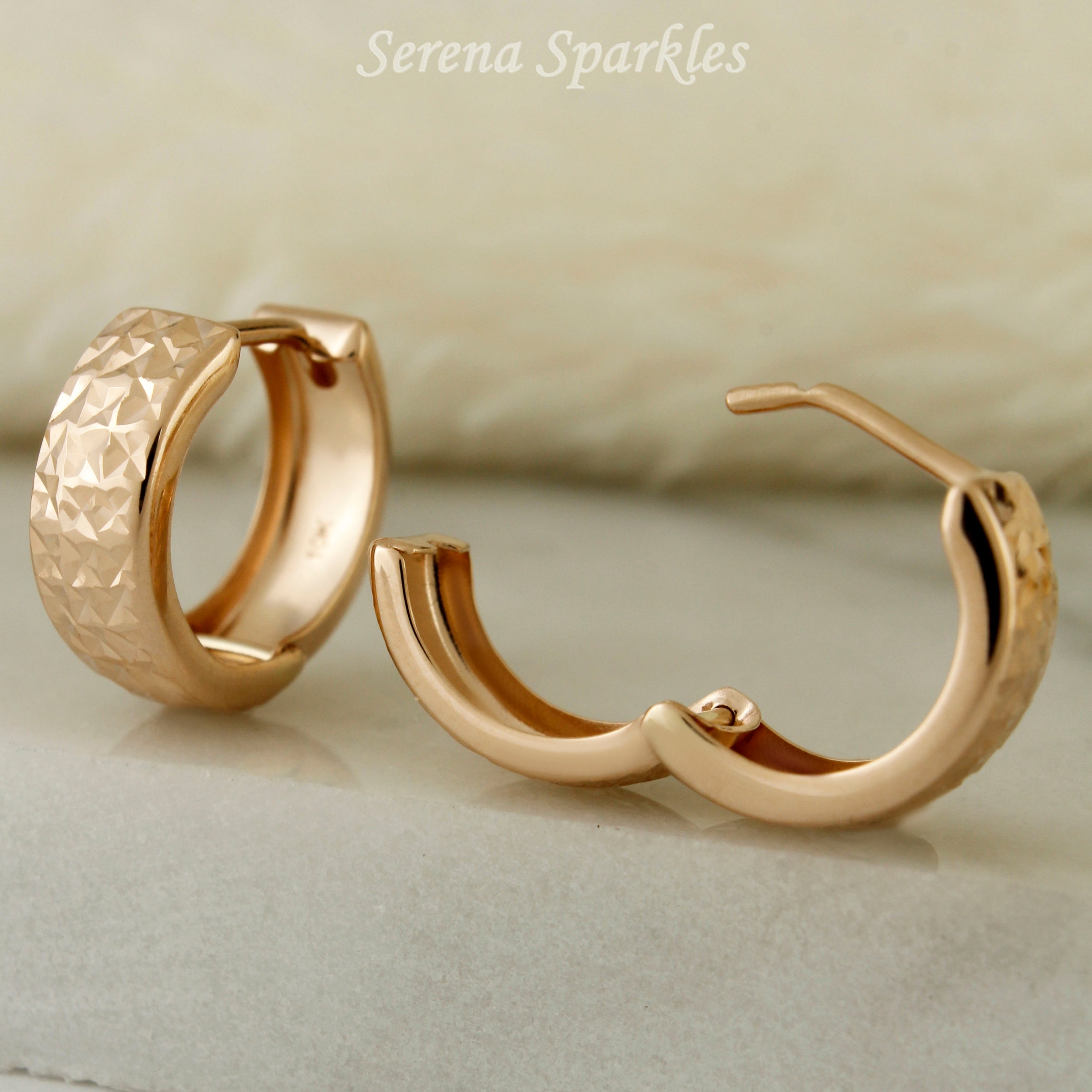 10k Solid Rose Gold Diamond Cut Textured Huggie Earrings - Serena Sparkles