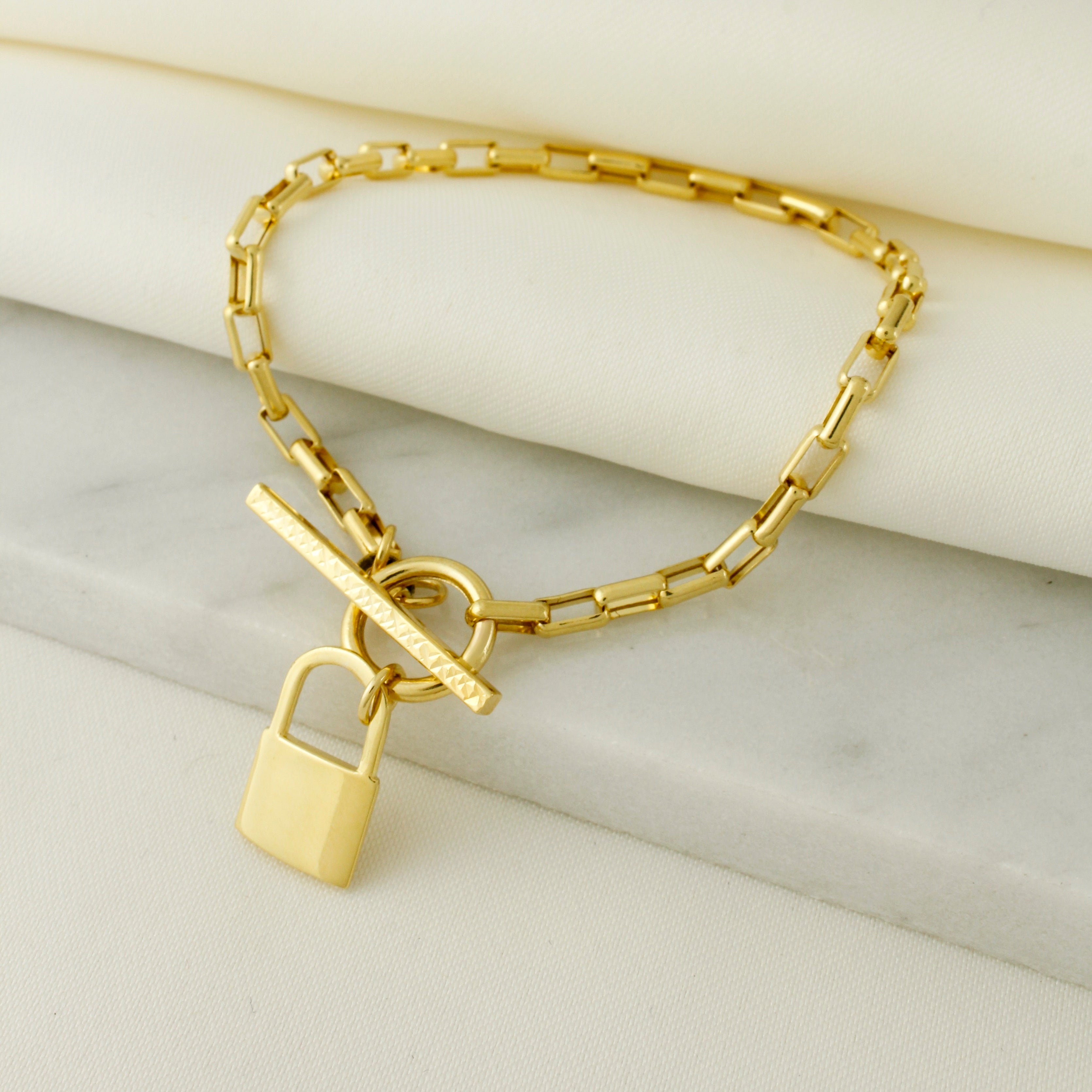 10k Real Gold Link Chain Toggle Bracelet with Lock Charm (Canva) - Serena Sparkles