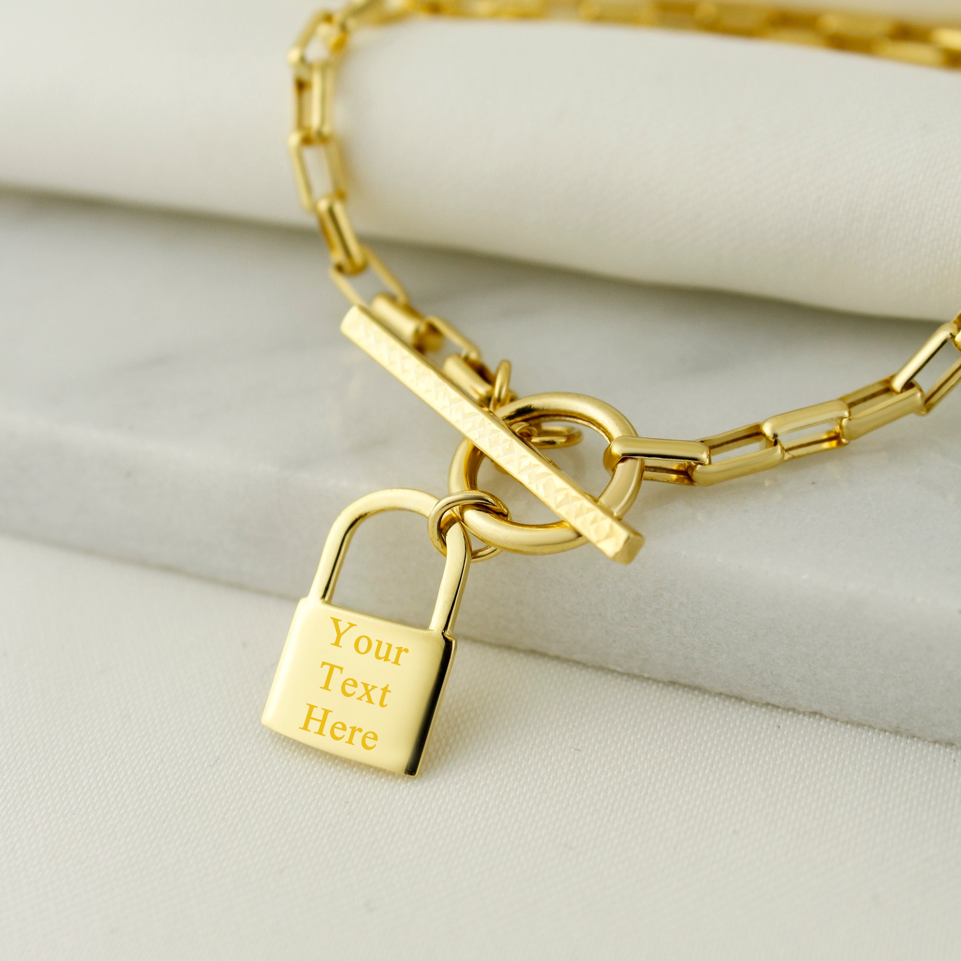 10k Real Gold Link Chain Toggle Bracelet with Lock Charm (Canva) - Serena Sparkles