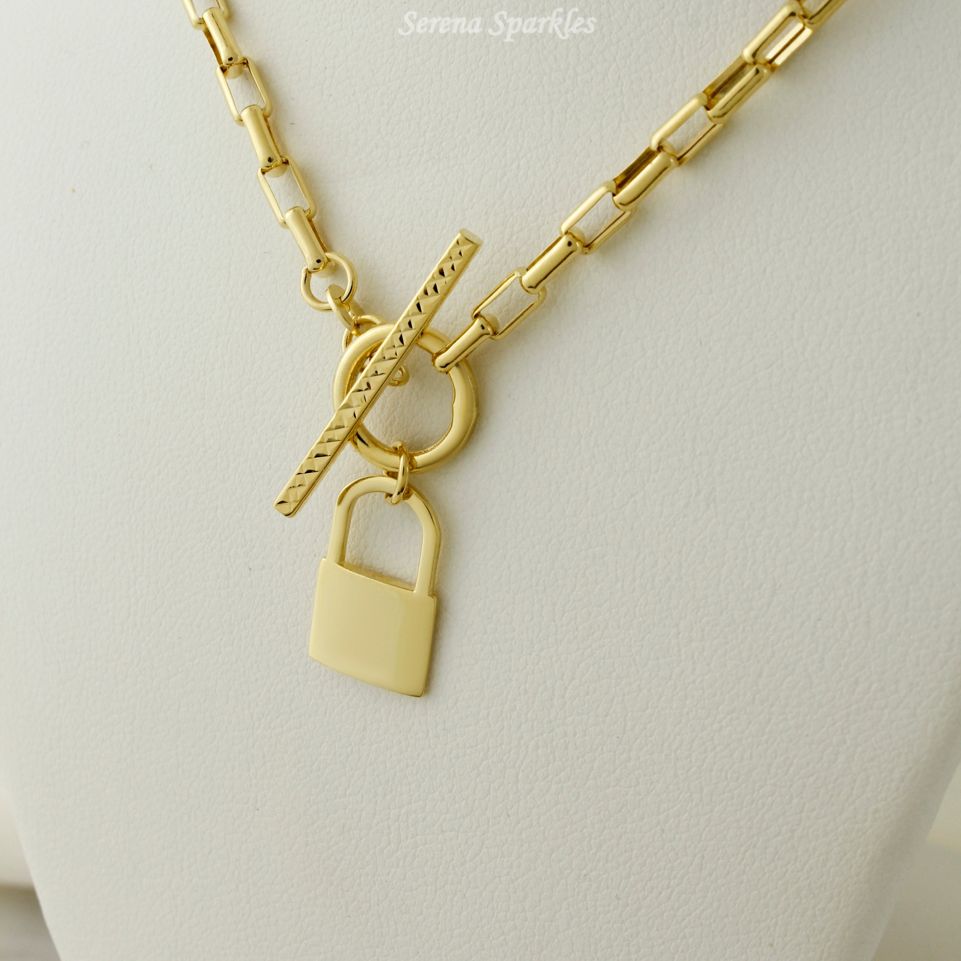 10k Real Gold Link Chain Toggle Necklace with Lock Charm (Canva) - Serena Sparkles