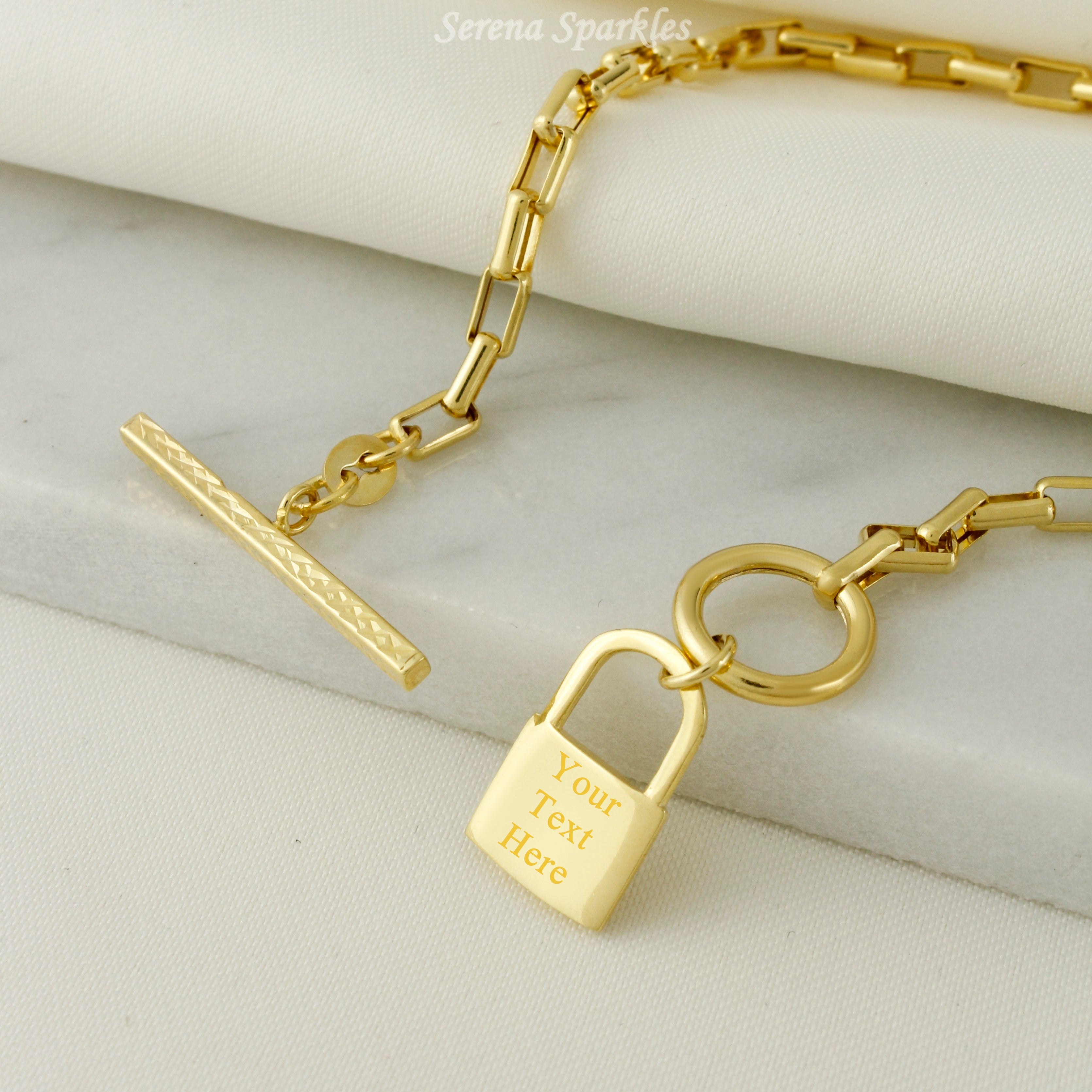 10k Real Gold Link Chain Toggle Bracelet with Lock Charm (Canva) - Serena Sparkles