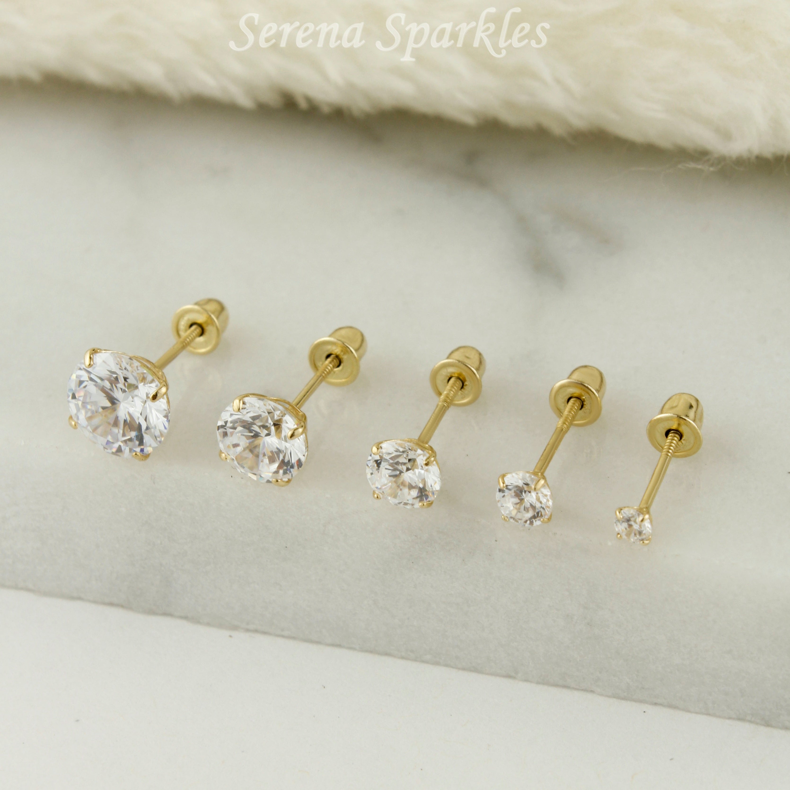 14k Solid Gold CZ Screw Backs Stud Earrings - Serena Sparkles