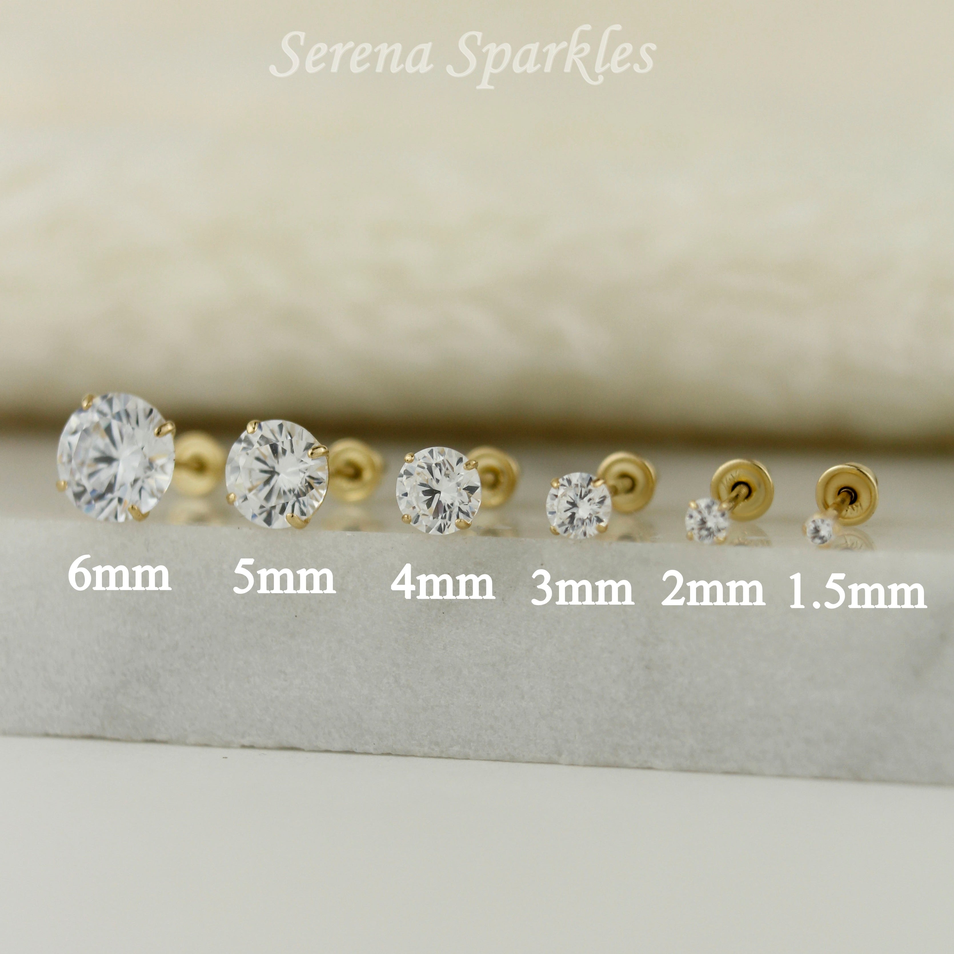 14k Solid Gold CZ Screw Backs Stud Earrings - Serena Sparkles