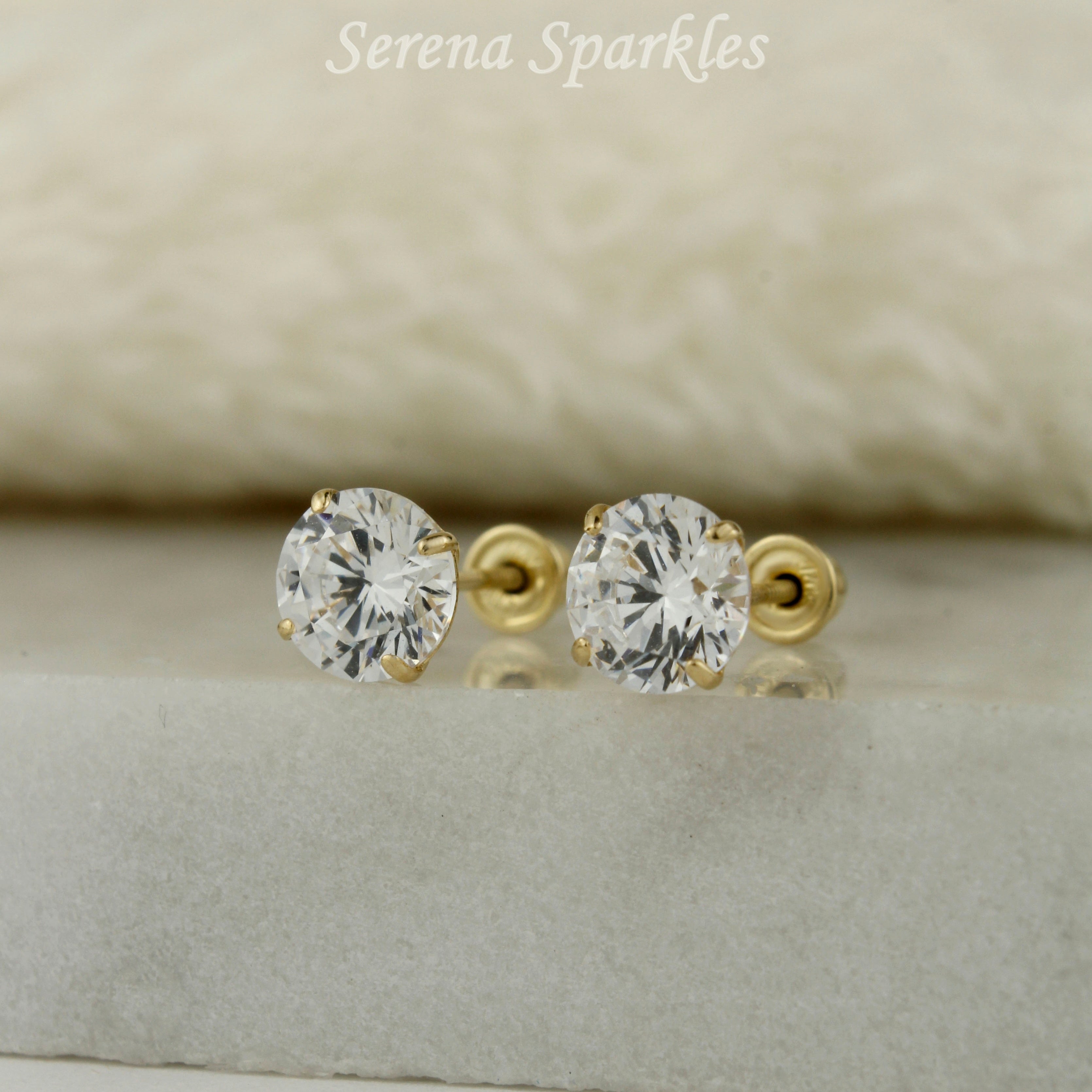 14k Solid Gold CZ Screw Backs Stud Earrings - Serena Sparkles