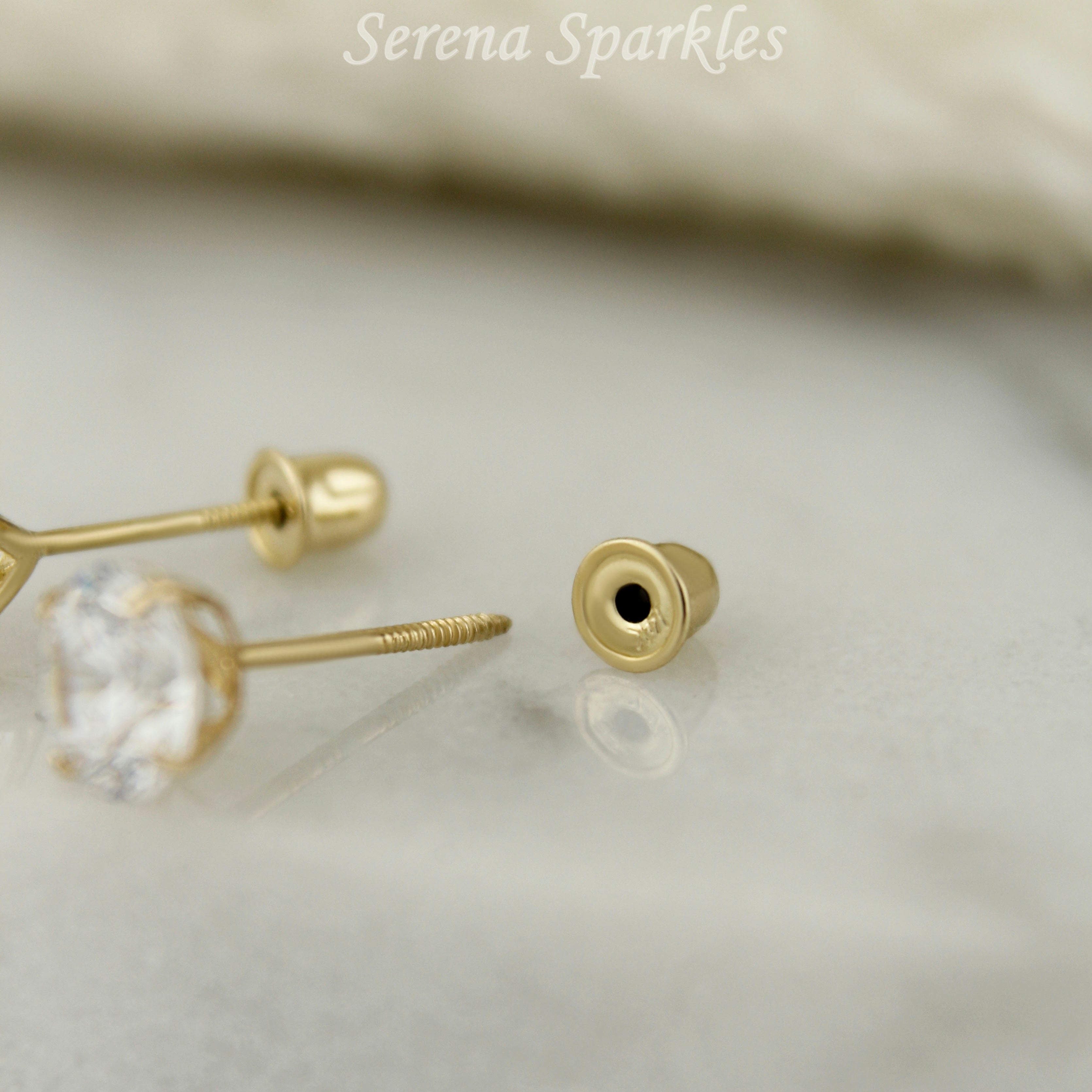 14k Solid Gold CZ Screw Backs Stud Earrings - Serena Sparkles