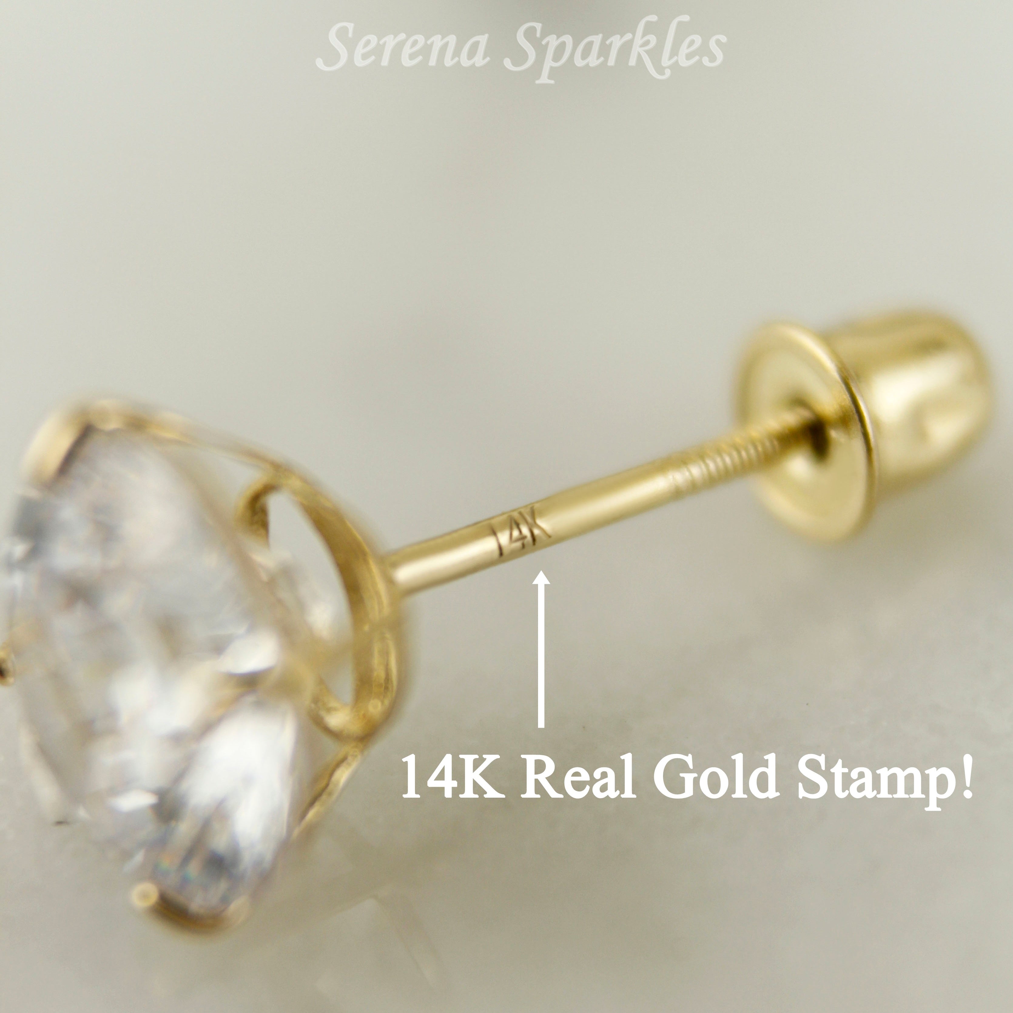 14k Solid Gold CZ Screw Backs Stud Earrings - Serena Sparkles