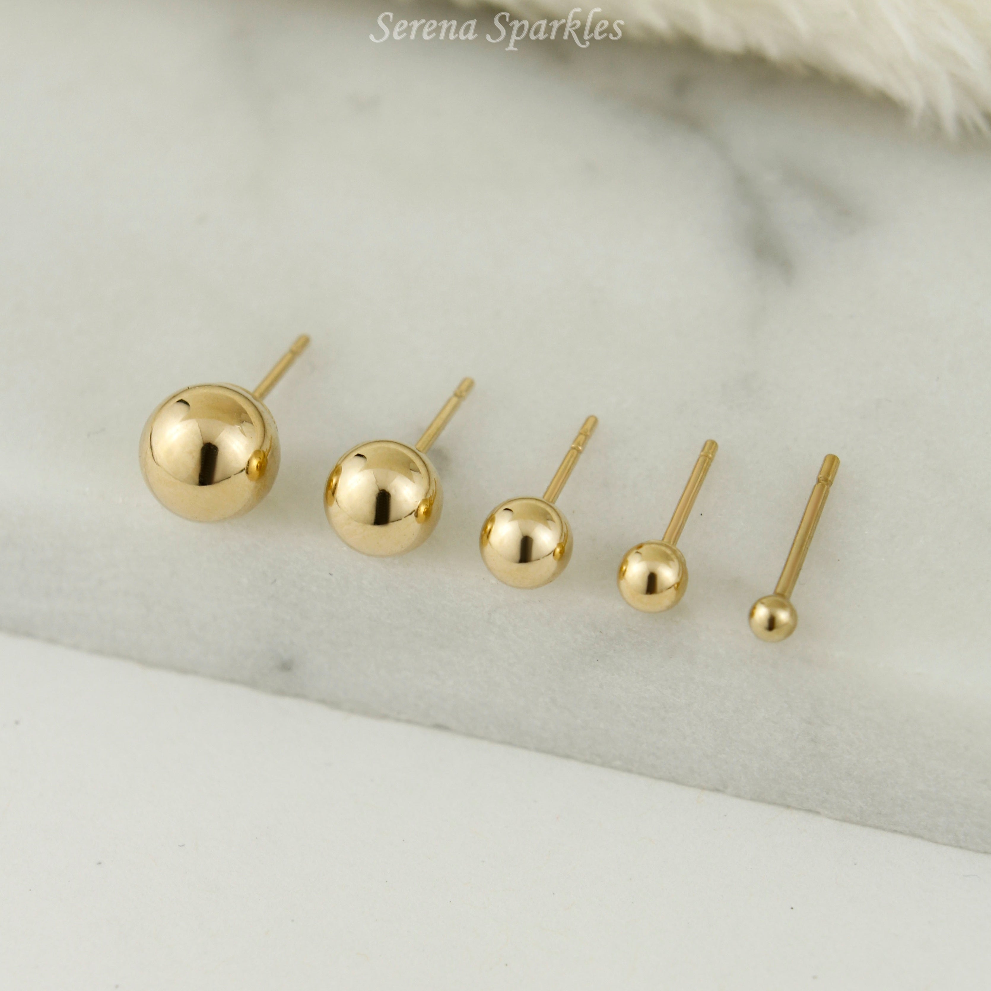 14k Solid Gold Ball Ear Studs - Serena Sparkles