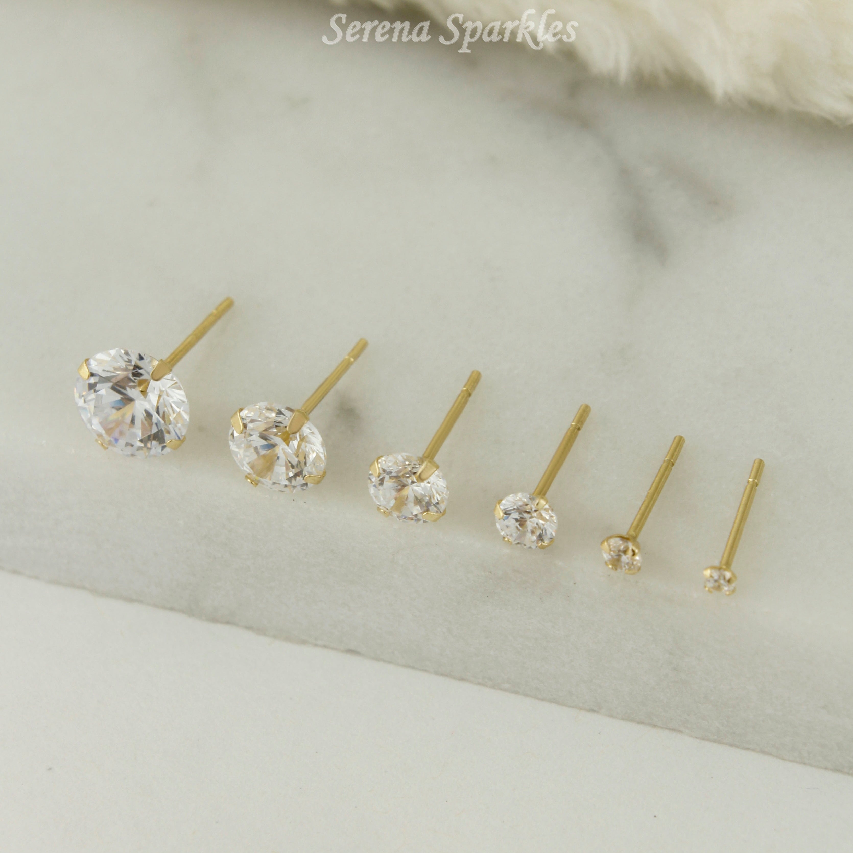 14k Solid Gold CZ Ear Studs Prong Set - Push Backs - Serena Sparkles