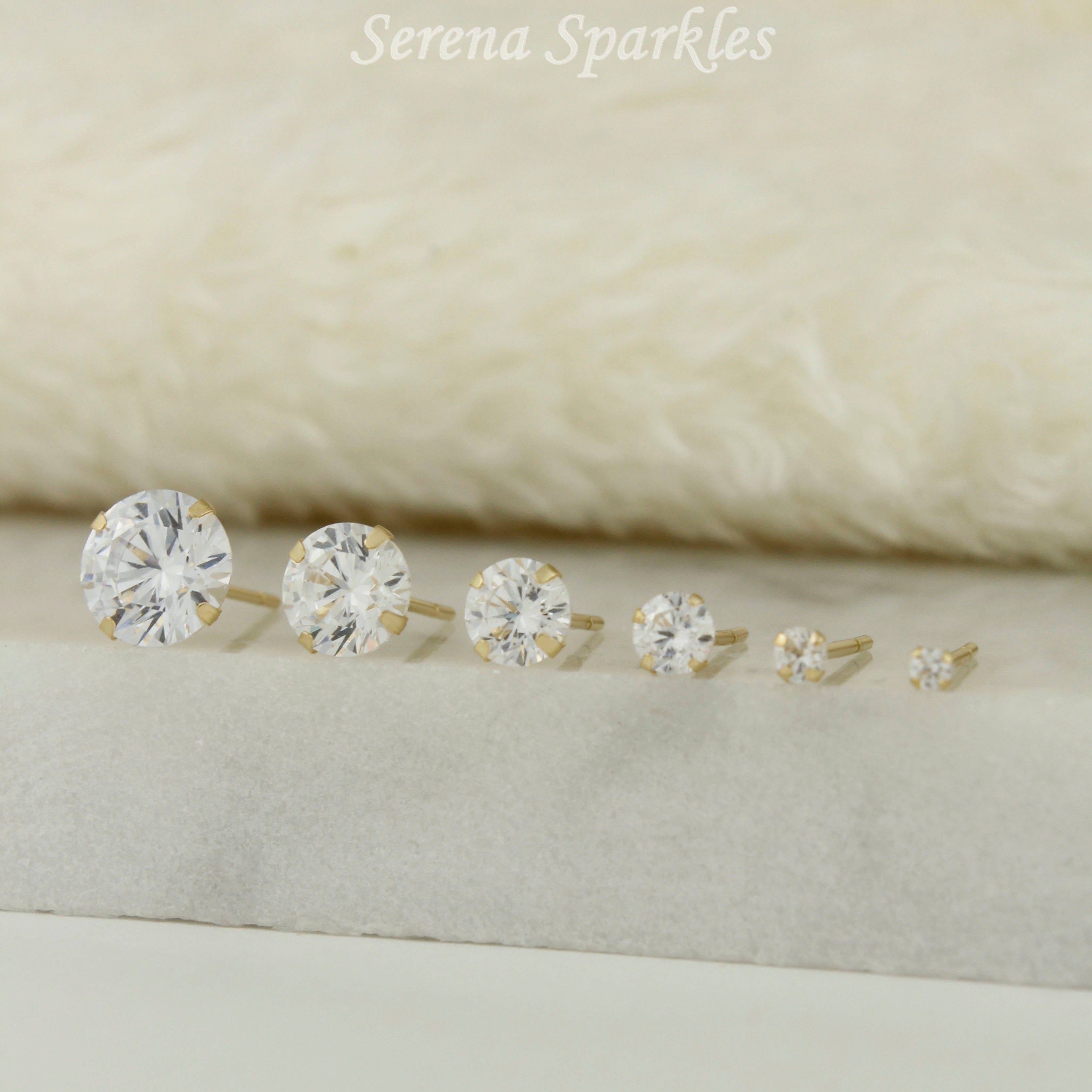 14k Solid Gold CZ Ear Studs Prong Set - Push Backs - Serena Sparkles