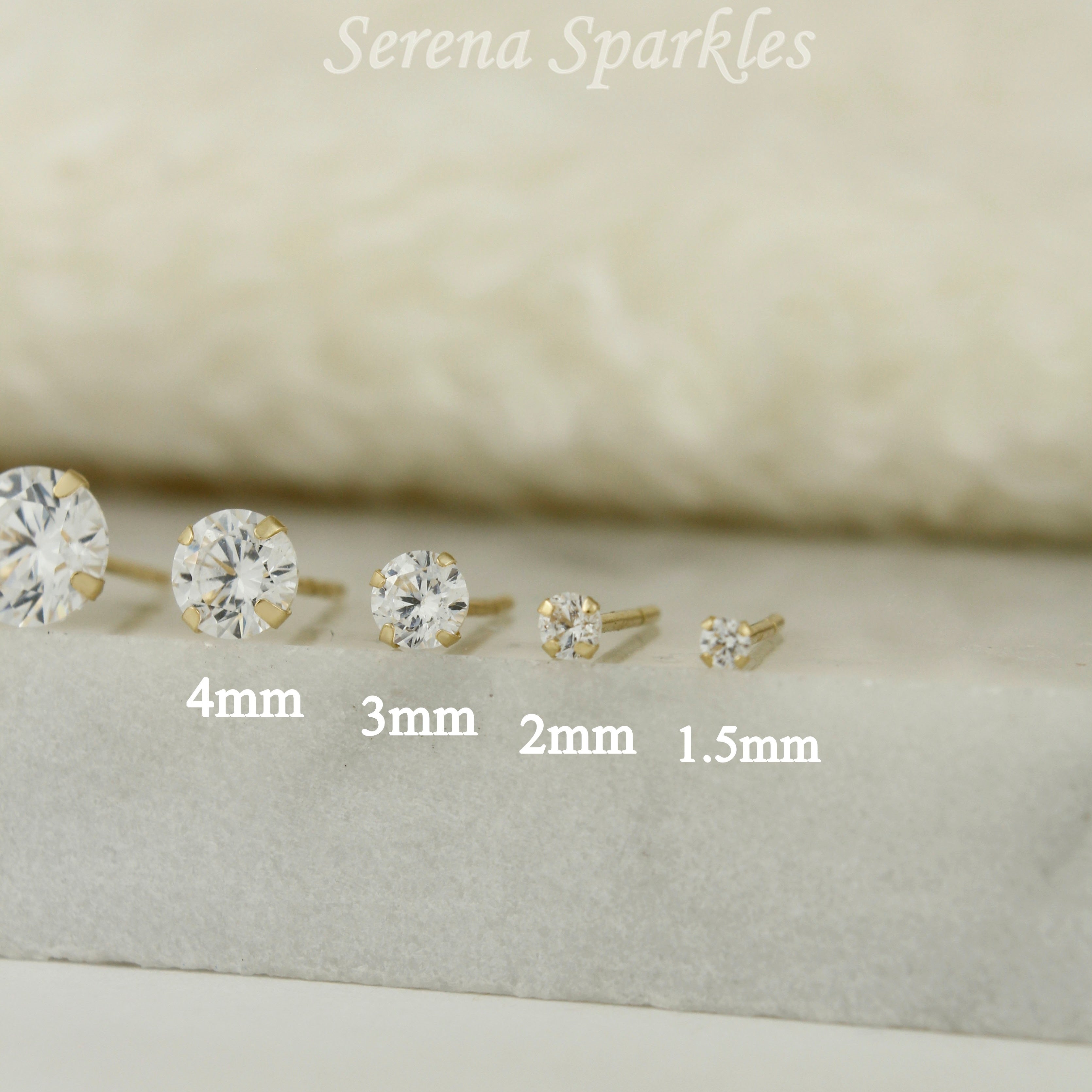 14k Solid Gold CZ Ear Studs Prong Set - Push Backs - Serena Sparkles