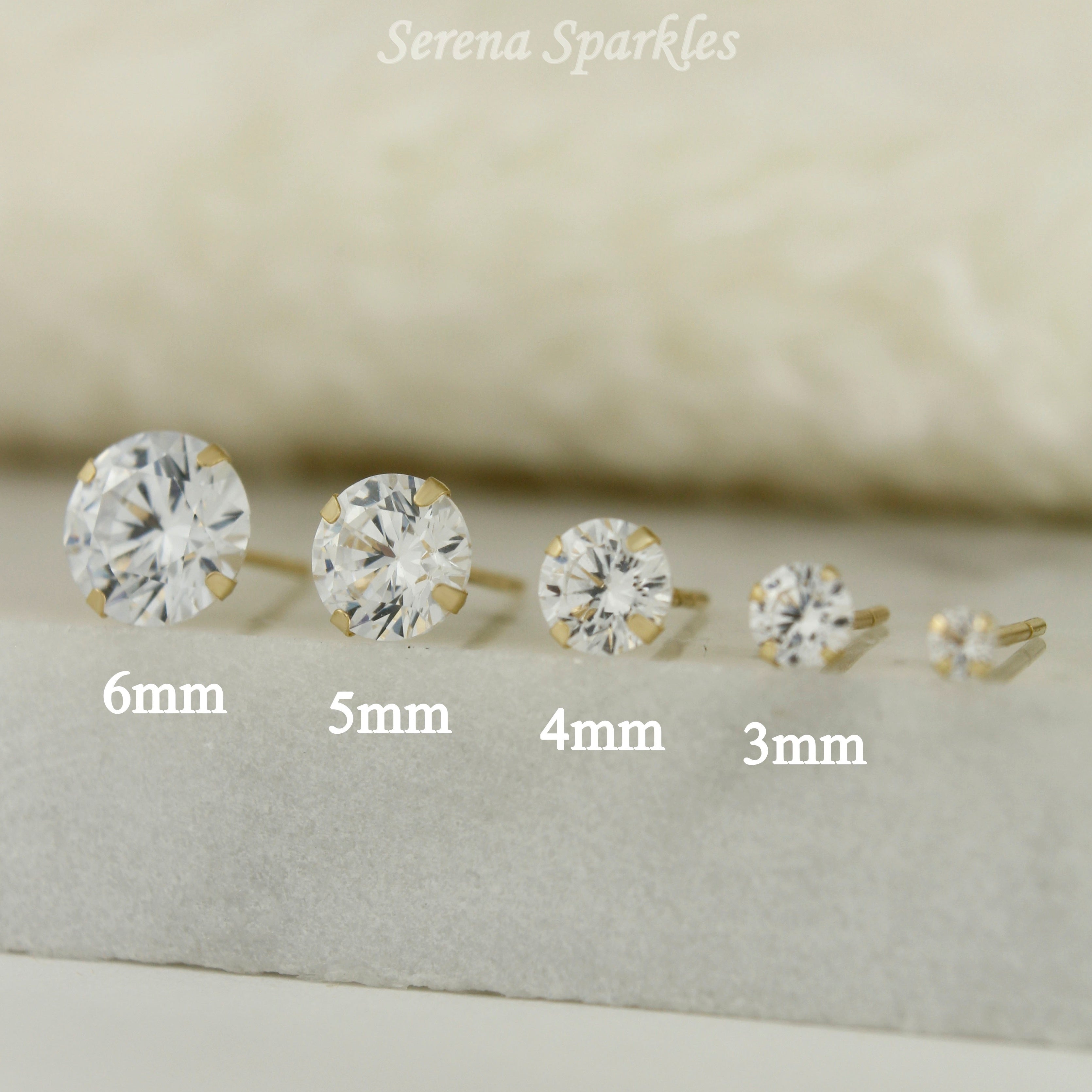 14k Solid Gold CZ Ear Studs Prong Set - Push Backs - Serena Sparkles