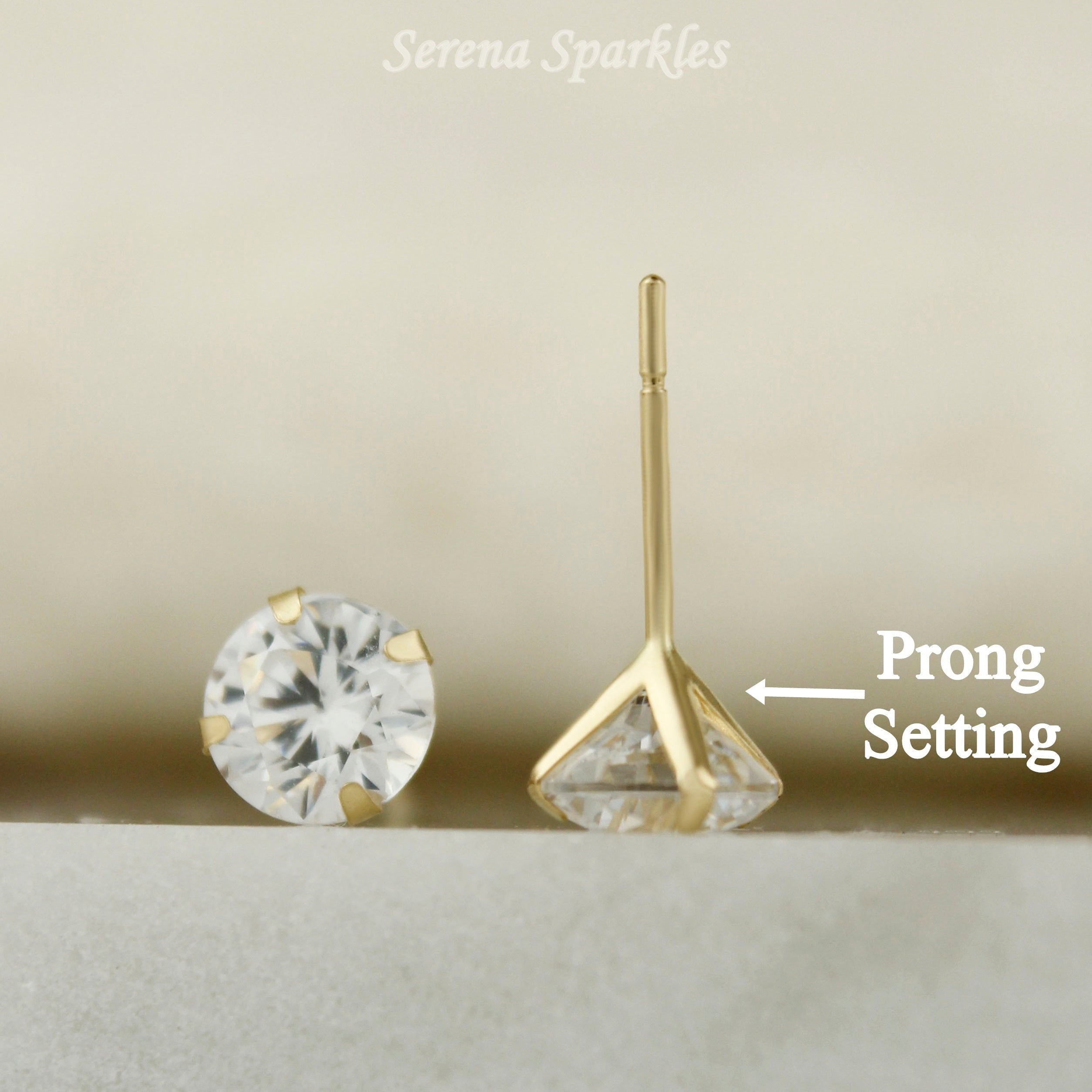 14k Solid Gold CZ Ear Studs Prong Set - Push Backs - Serena Sparkles