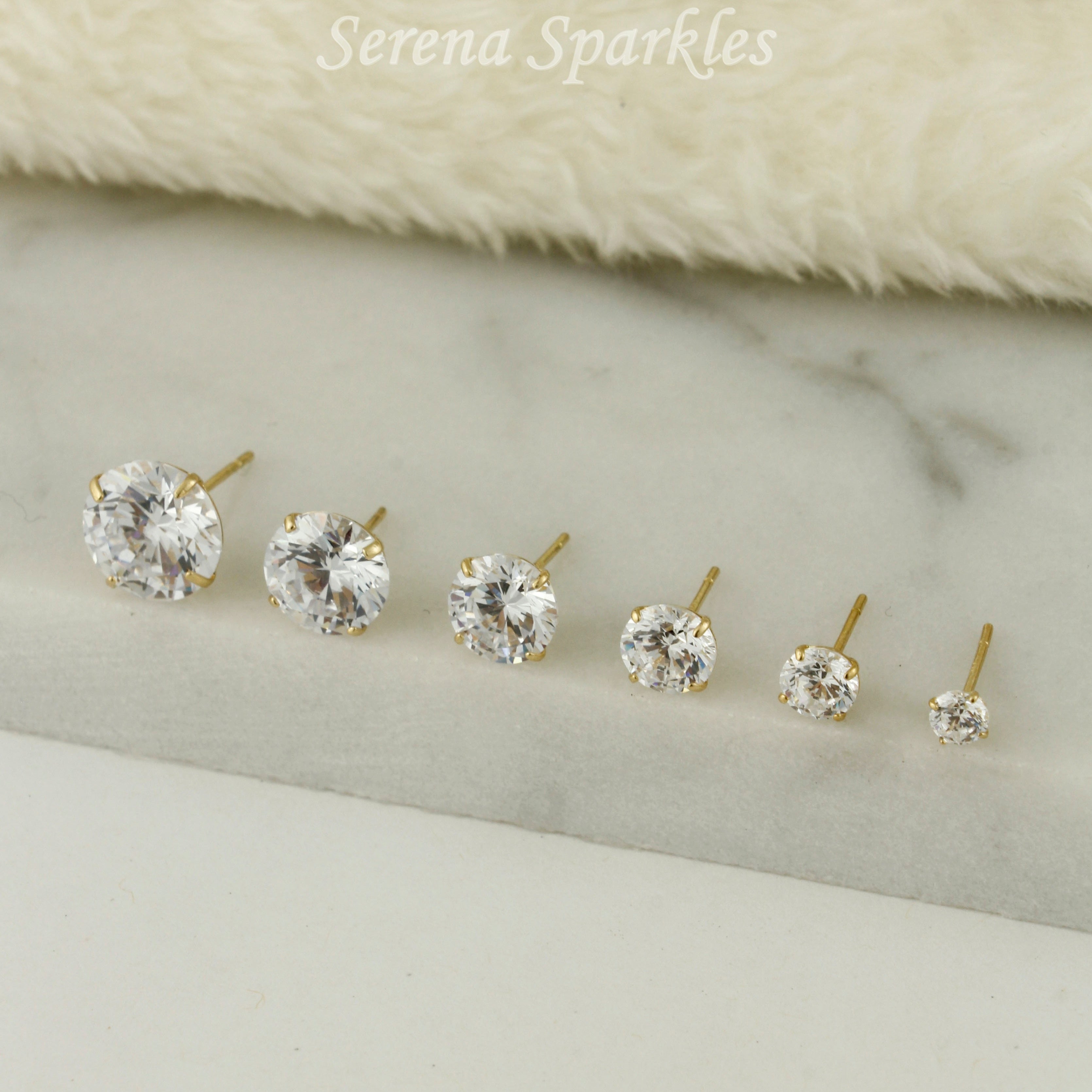 14k Solid Gold CZ Ear Studs (Basket Setting - Push Backs) - Serena Sparkles