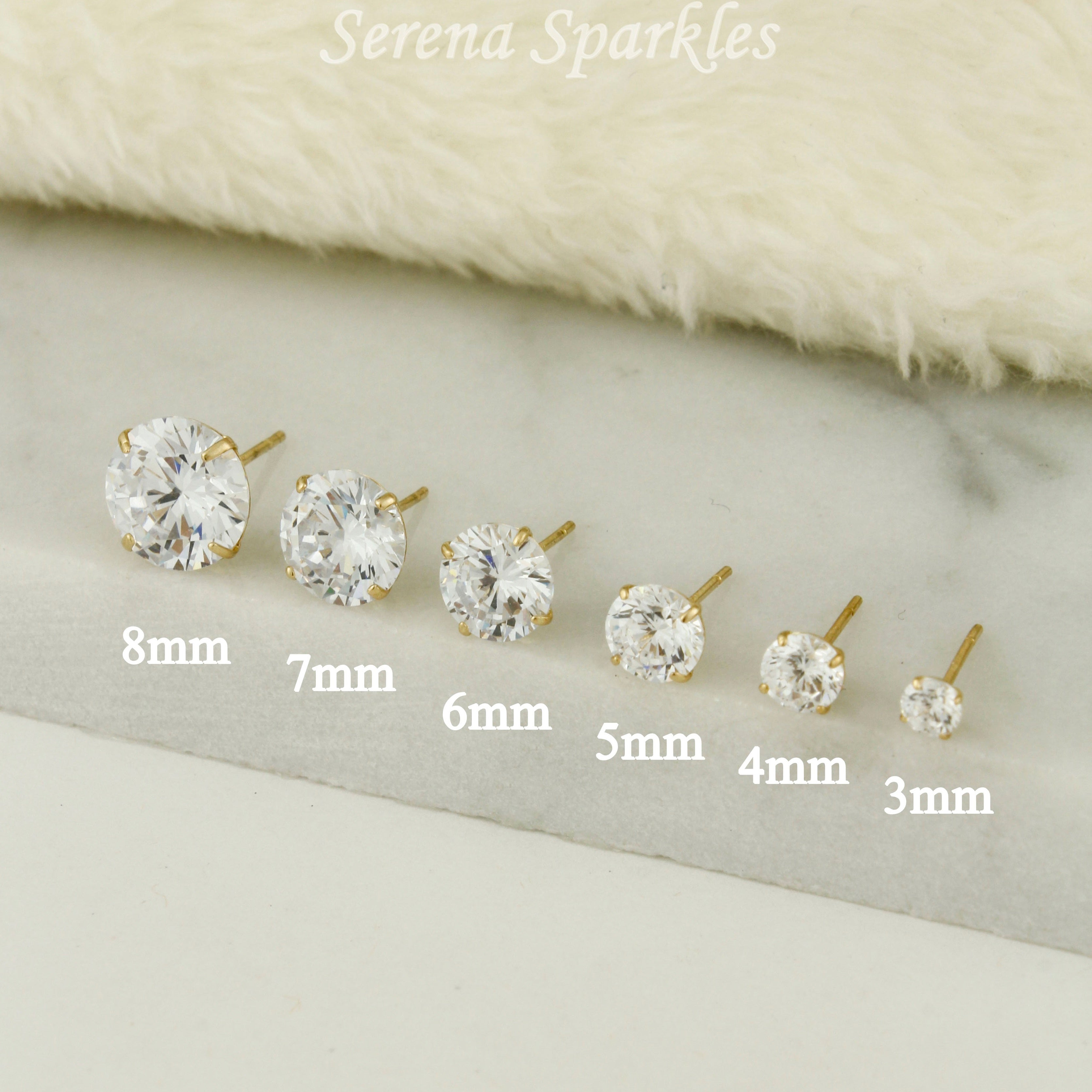 14k Solid Gold CZ Ear Studs (Basket Setting - Push Backs) - Serena Sparkles