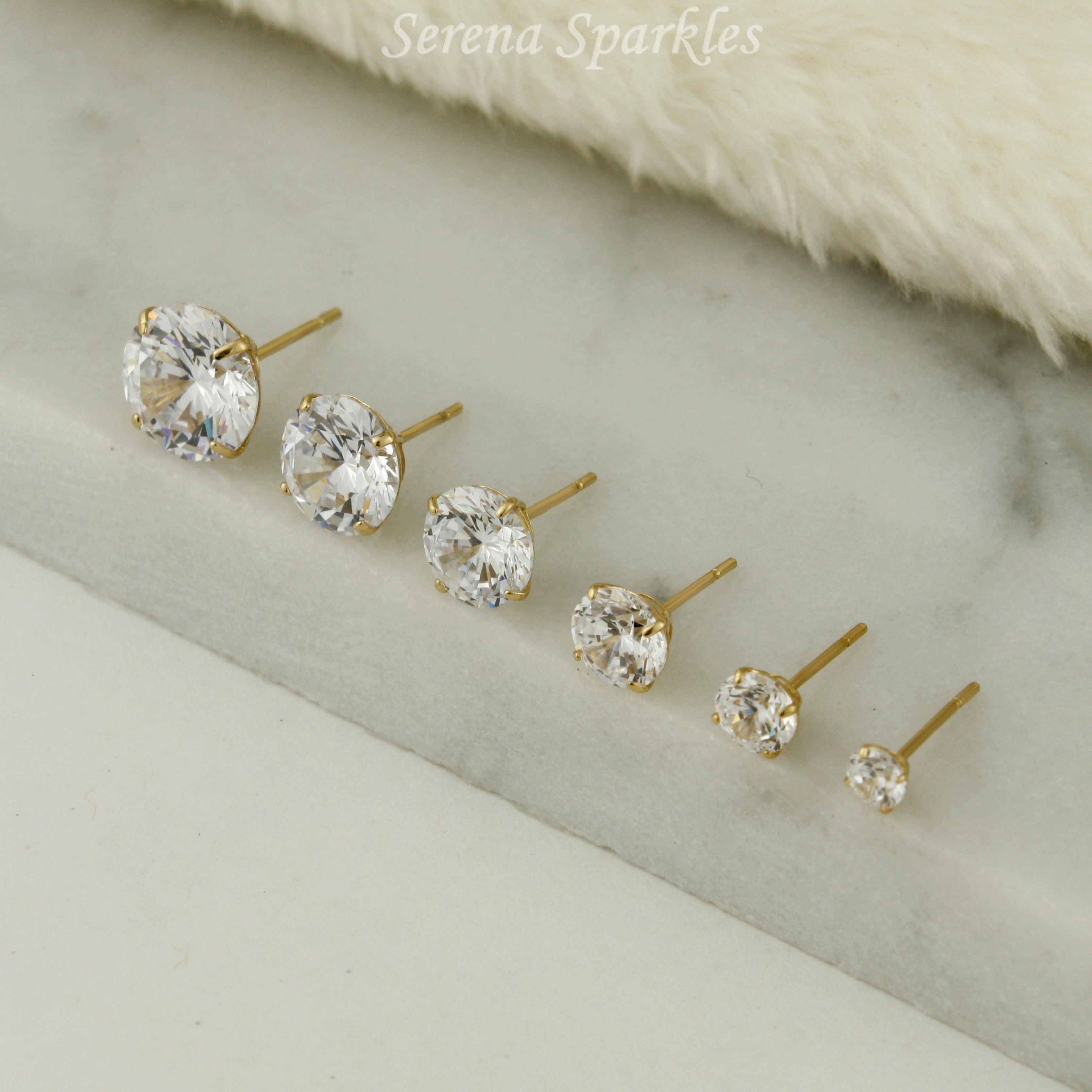 14k Solid Gold CZ Ear Studs (Basket Setting - Push Backs) - Serena Sparkles