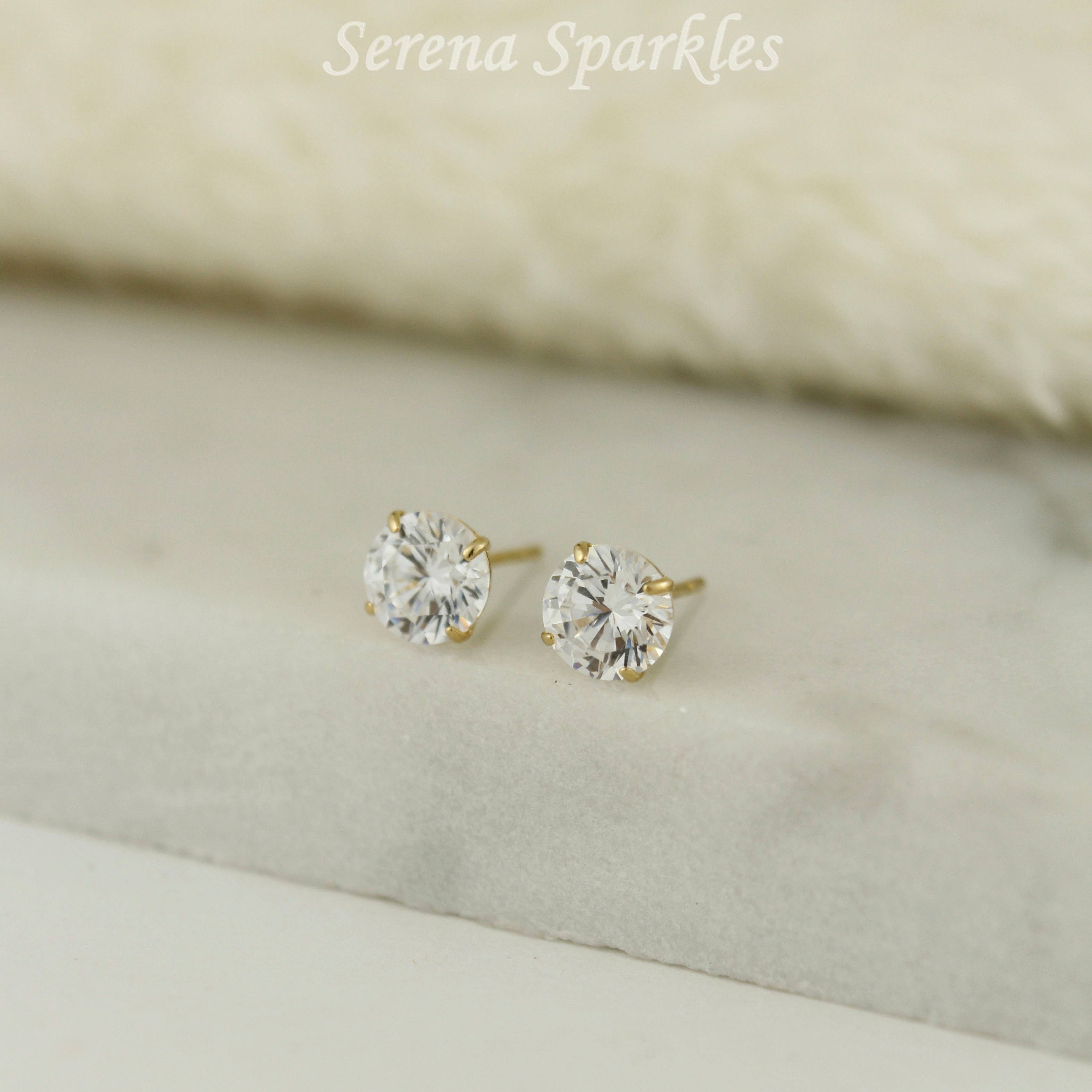 14k Solid Gold CZ Ear Studs (Basket Setting - Push Backs) - Serena Sparkles