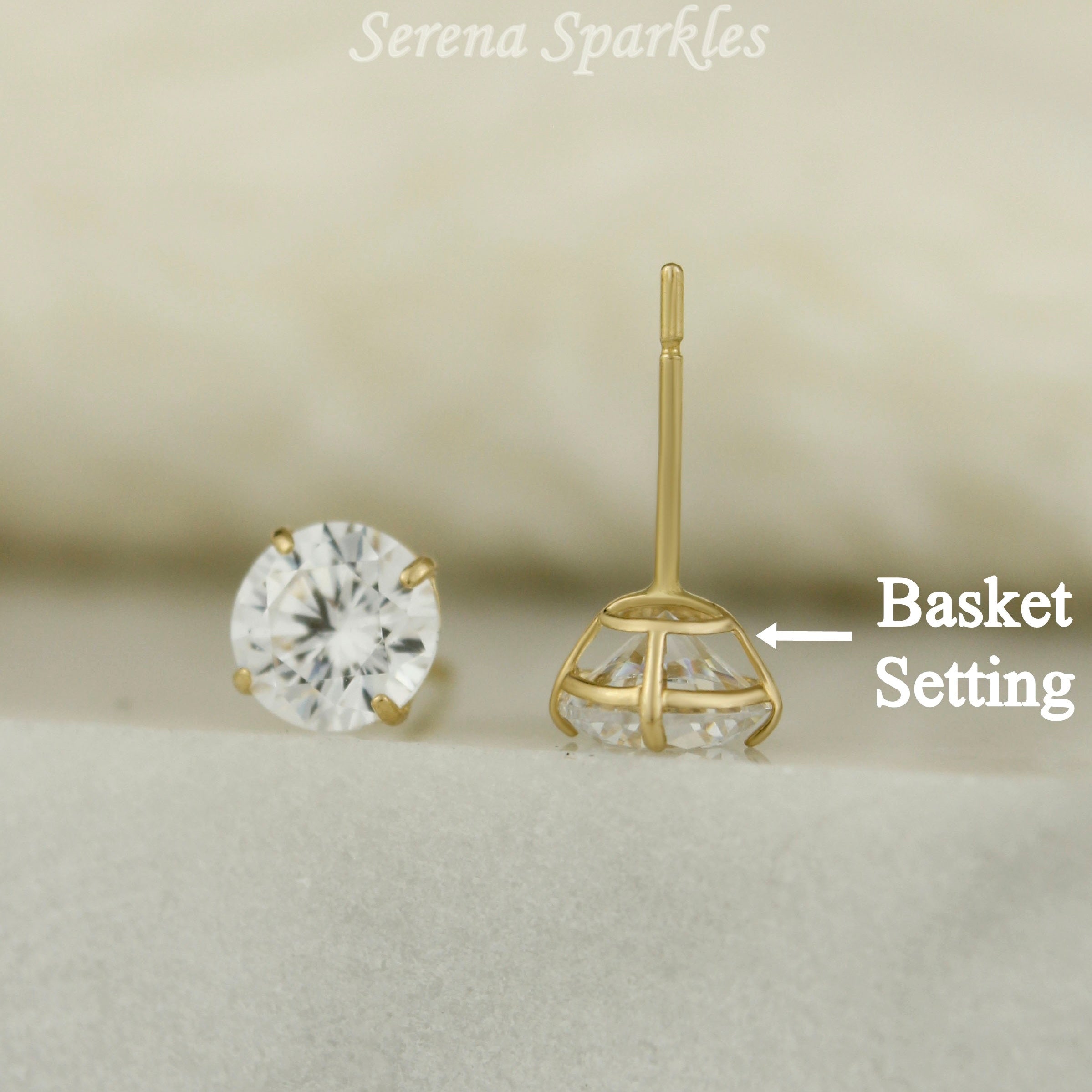 14k Solid Gold CZ Ear Studs (Basket Setting - Push Backs) - Serena Sparkles