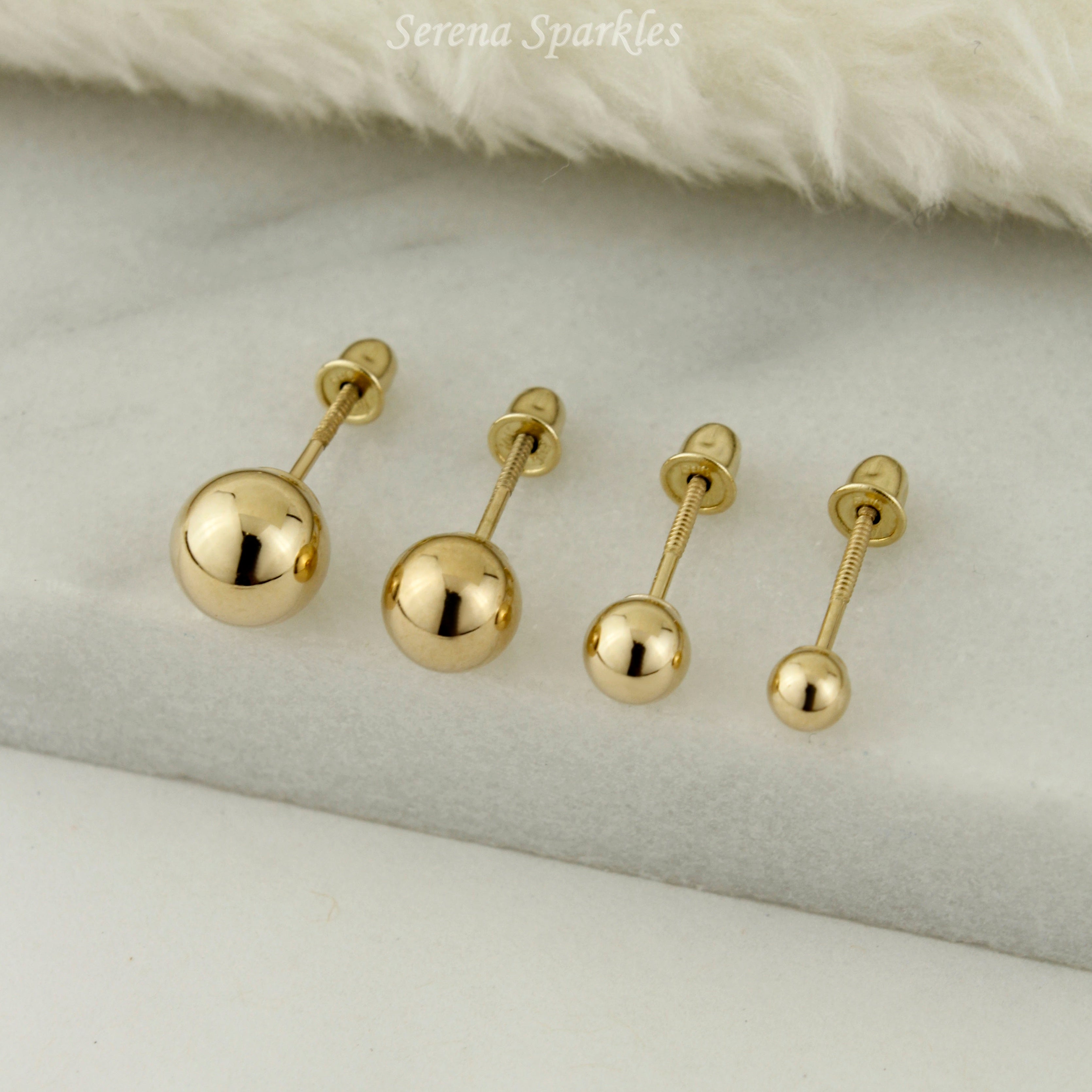 14k Solid Gold Ball Ear Studs with Screw Backing - Serena Sparkles