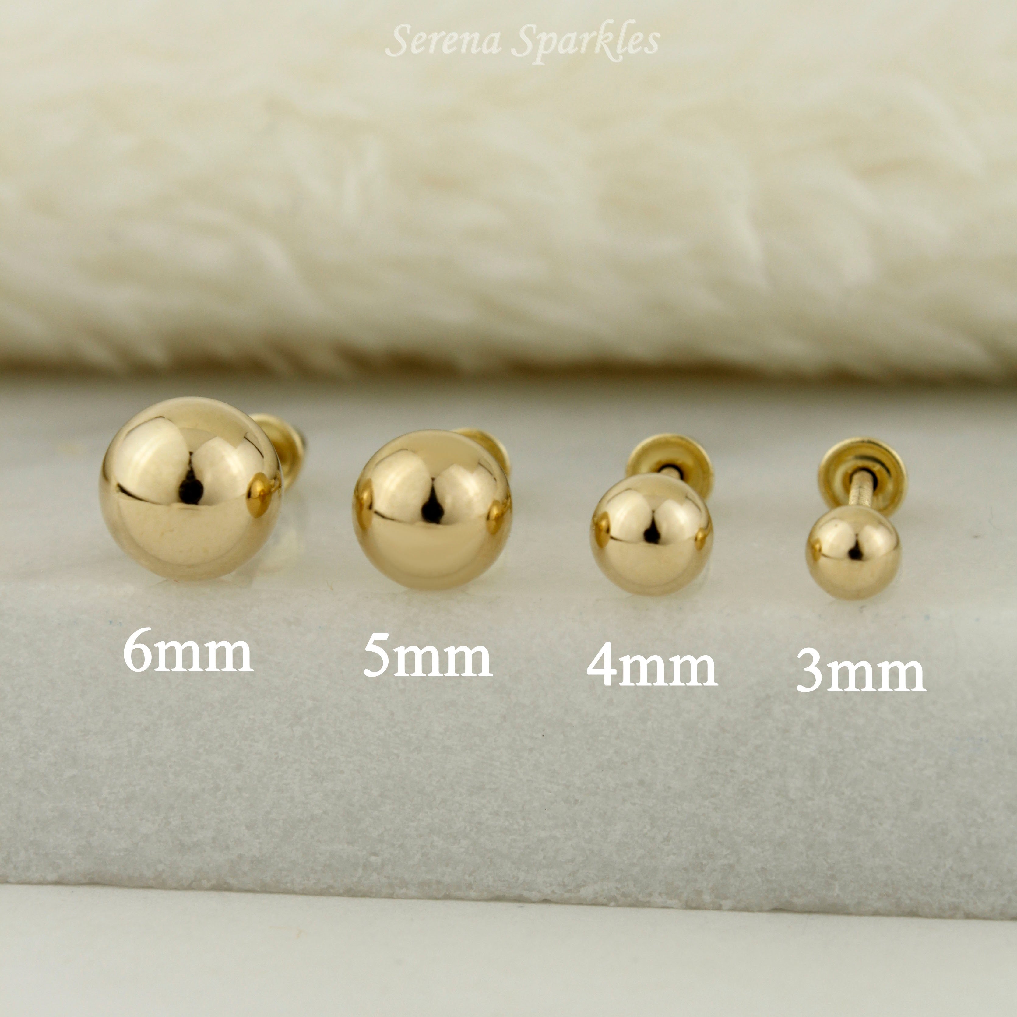 14k Solid Gold Ball Ear Studs with Screw Backing - Serena Sparkles