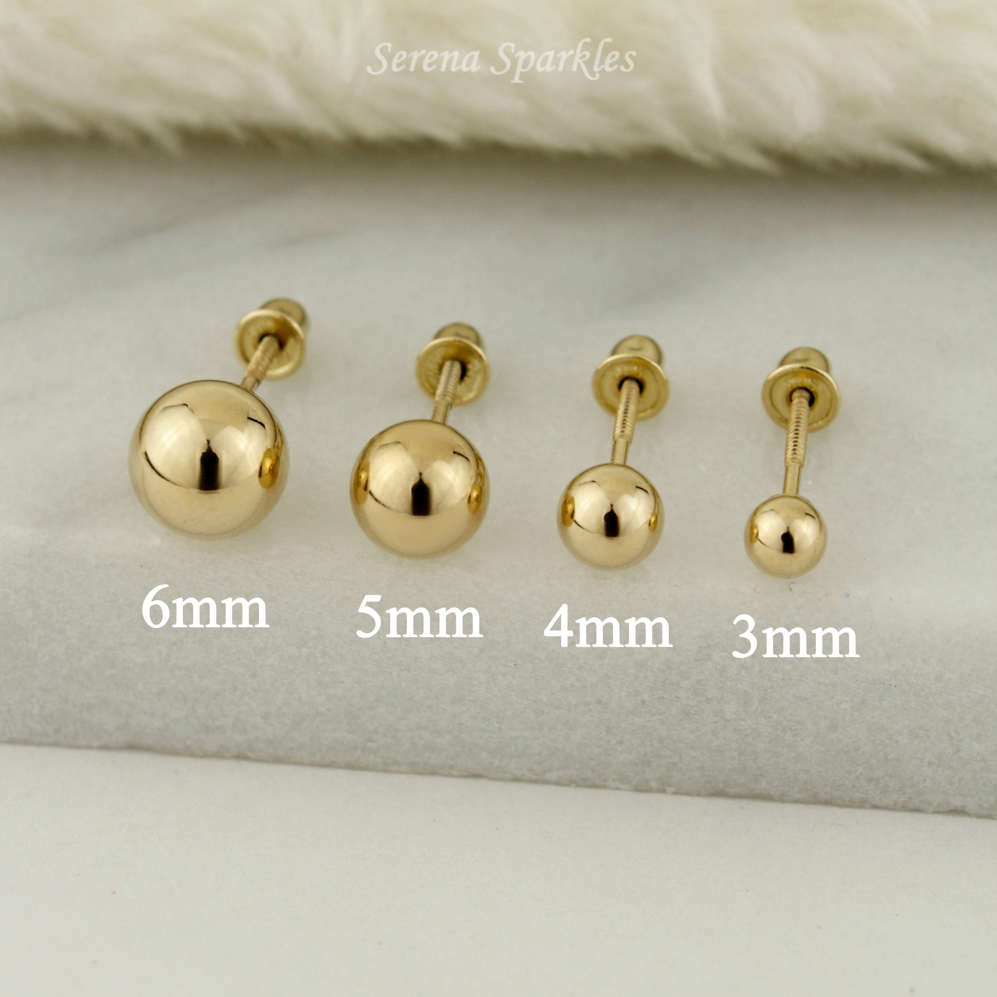 14k Solid Gold Ball Ear Studs with Screw Backing - Serena Sparkles