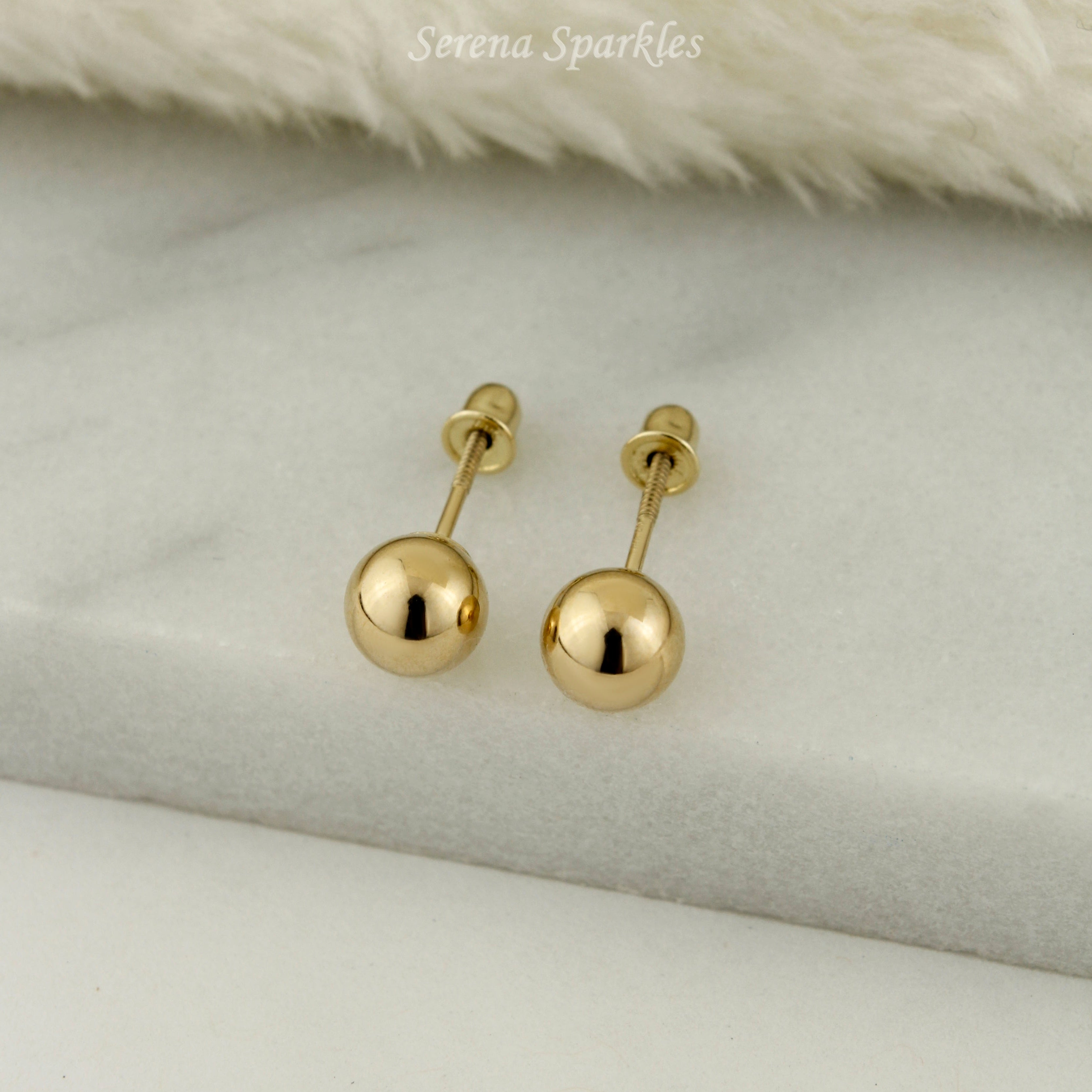 14k Solid Gold Ball Ear Studs with Screw Backing - Serena Sparkles