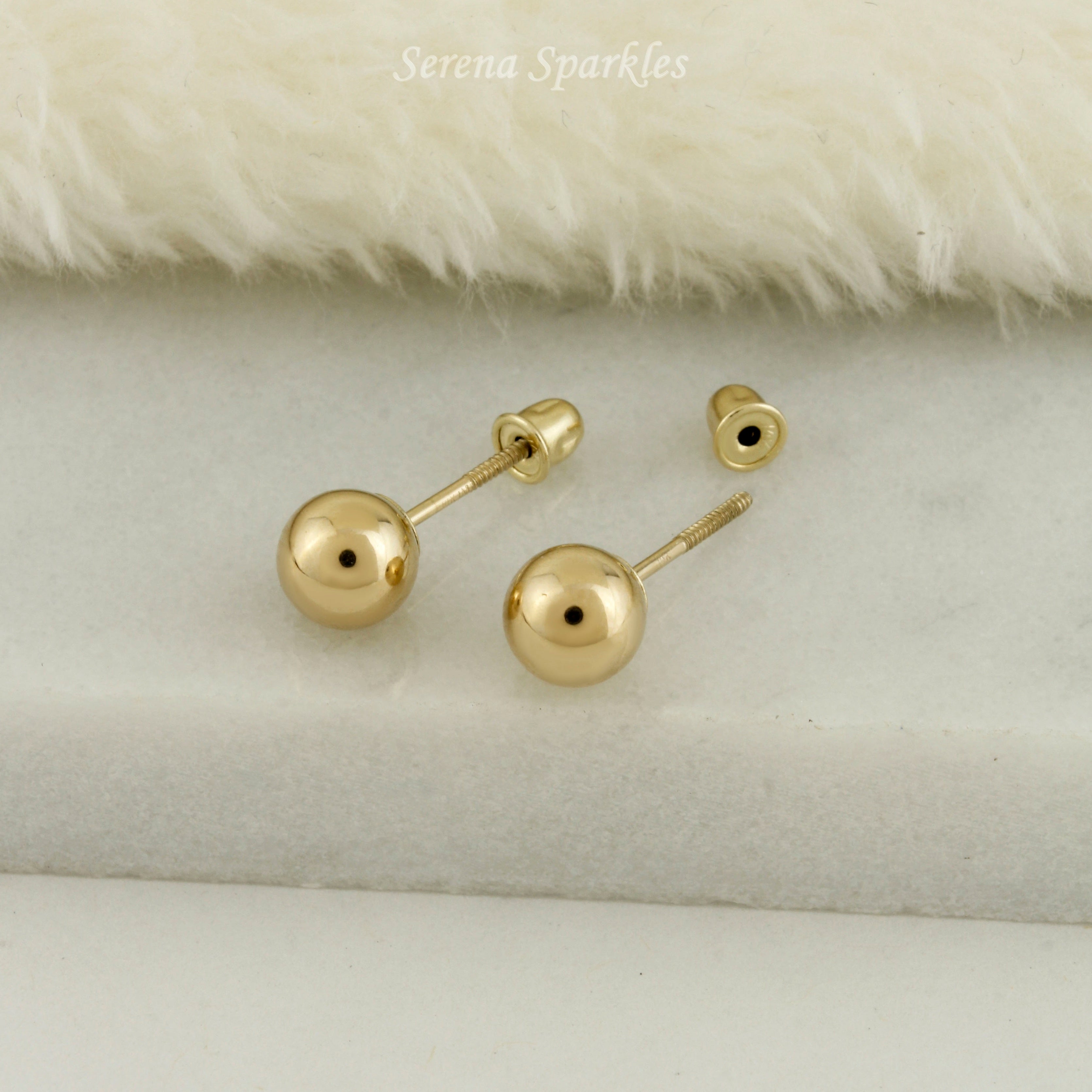 14k Solid Gold Ball Ear Studs with Screw Backing - Serena Sparkles