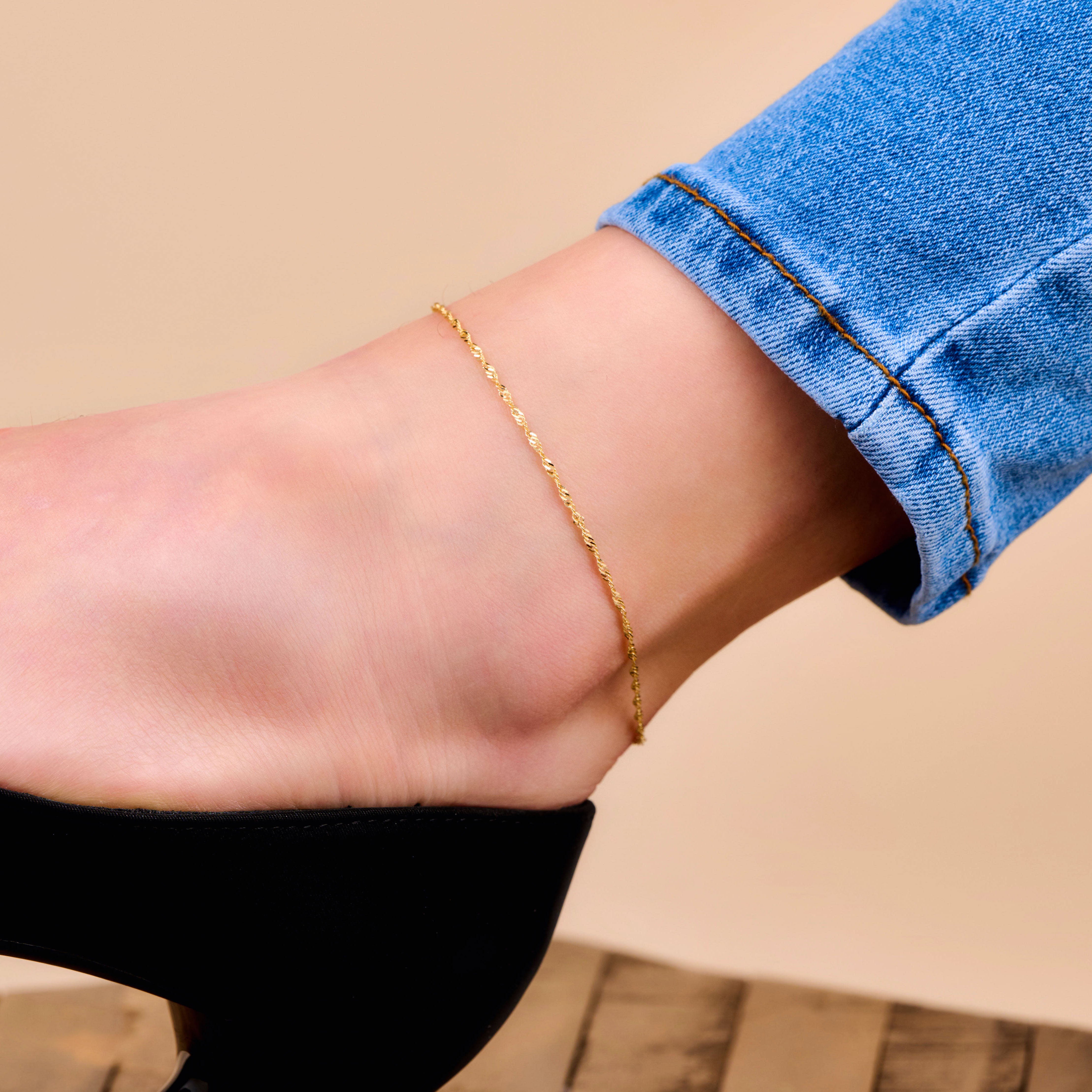 10k Solid Gold Twisted Chain Anklet - Serena Sparkles