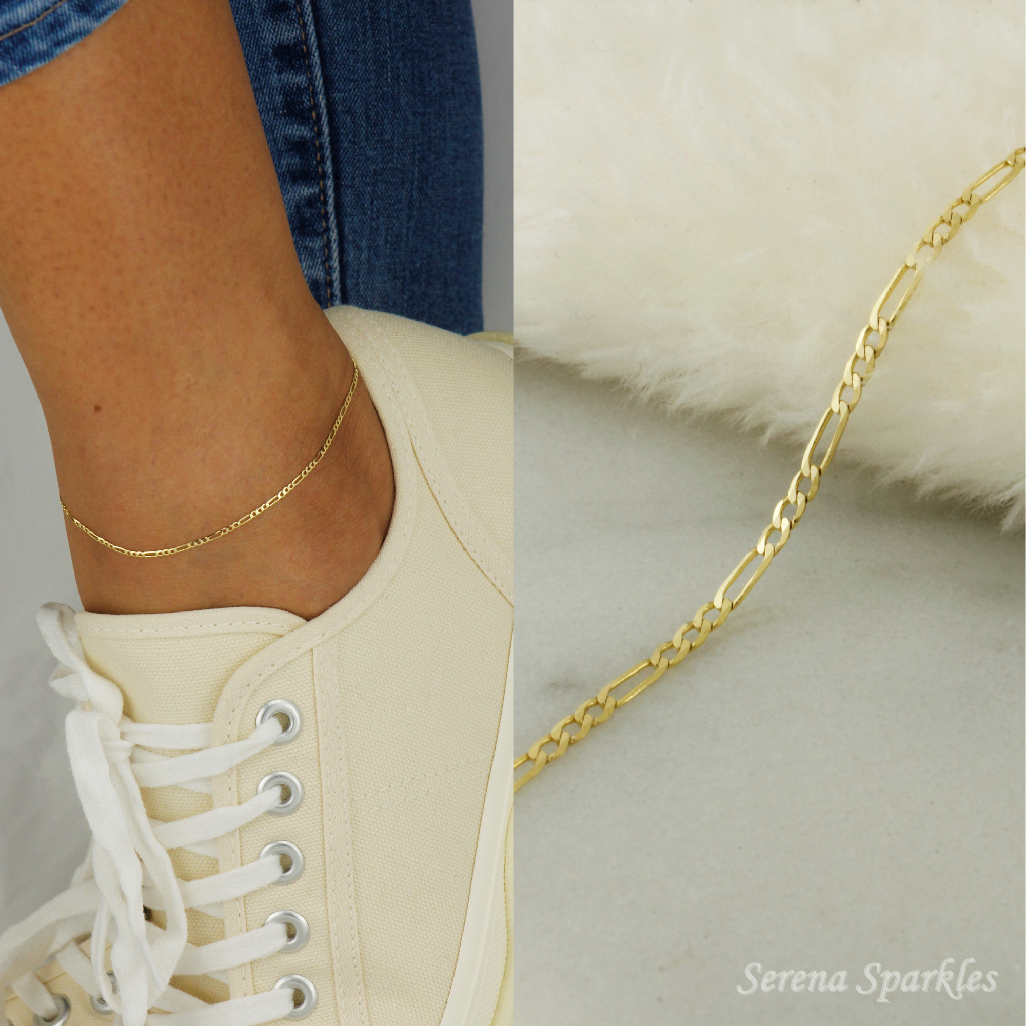 10k Solid Gold Figaro Chain Anklet - Serena Sparkles