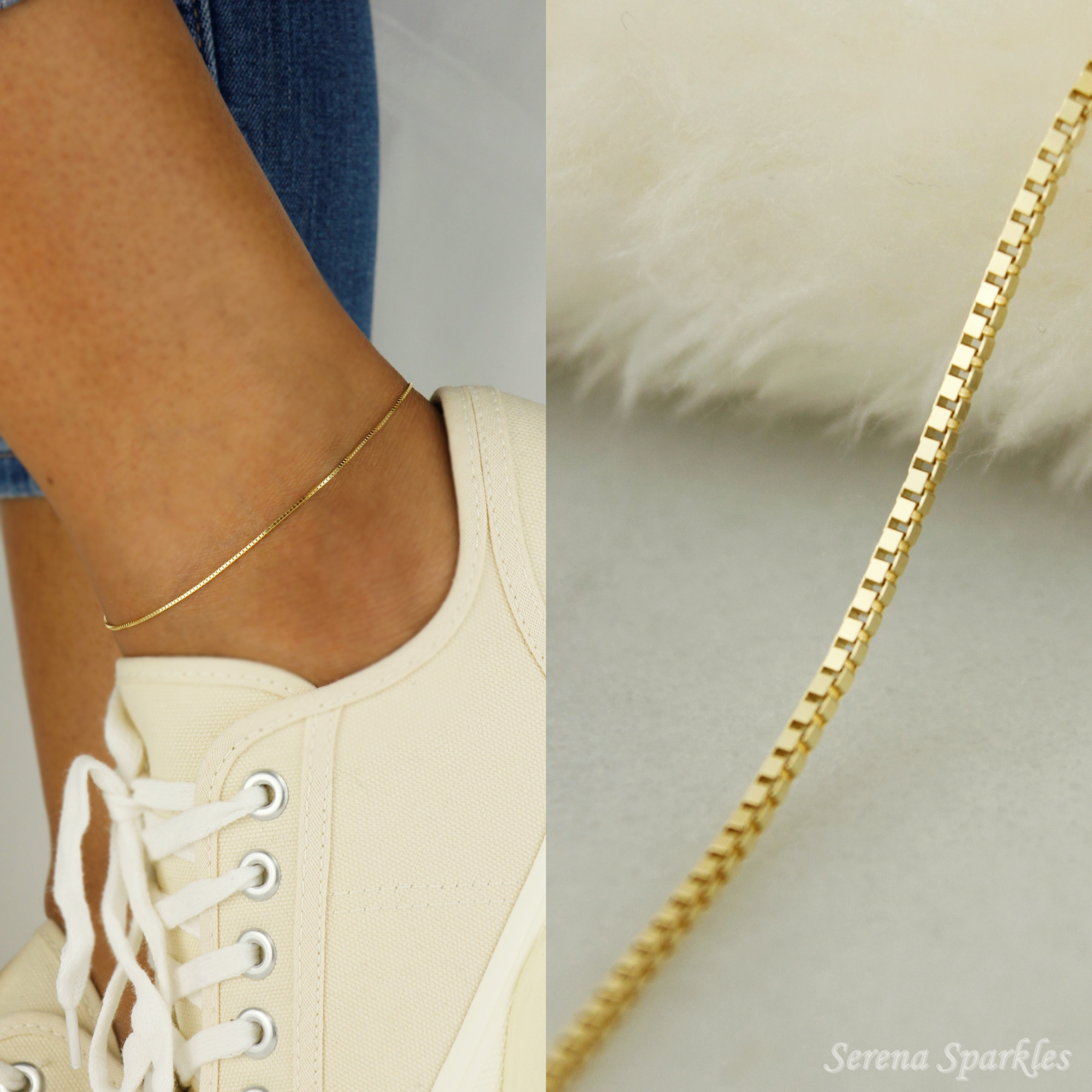 10k Solid Gold Box Chain Anklet - Serena Sparkles