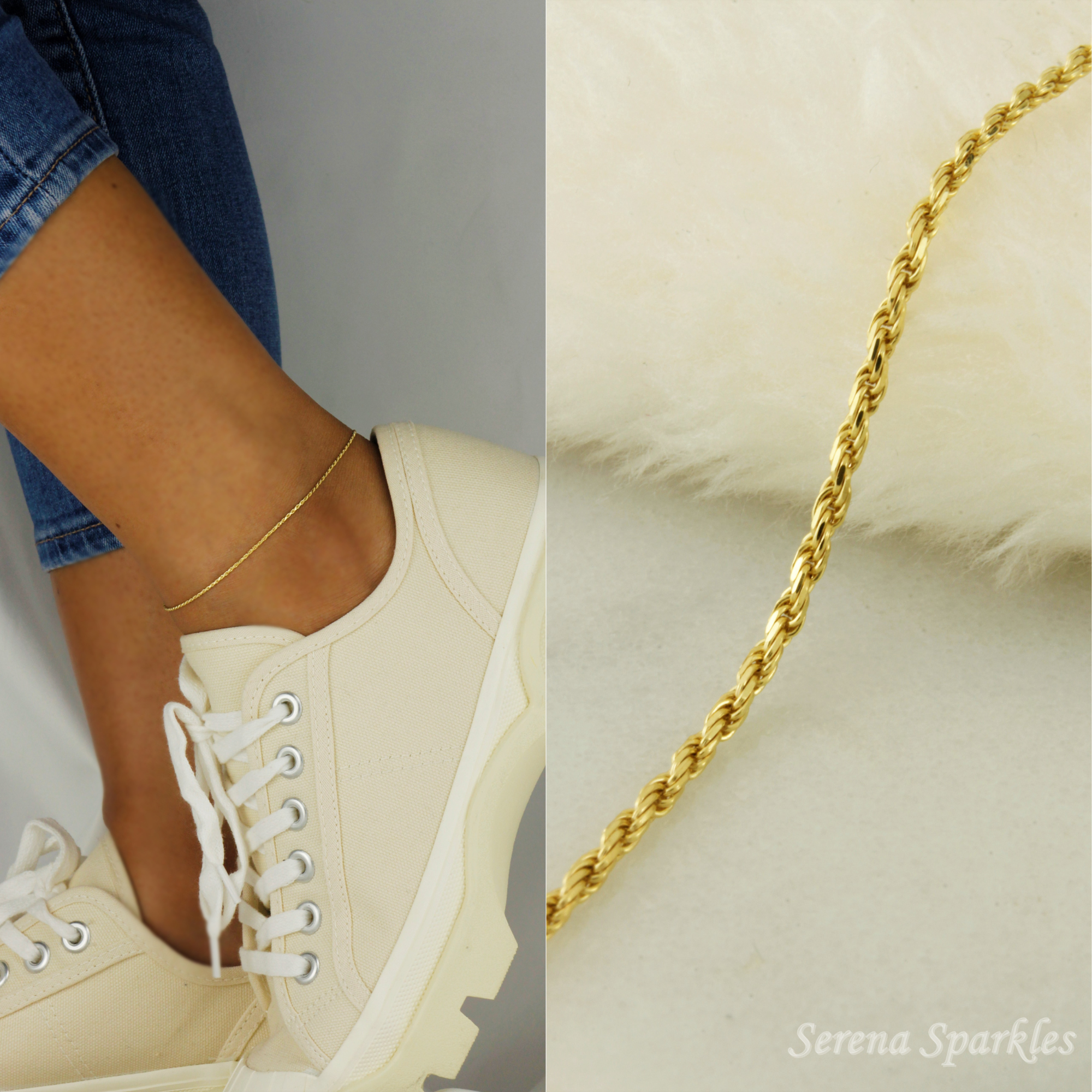 10k Solid Gold Rope Chain Anklet - Serena Sparkles