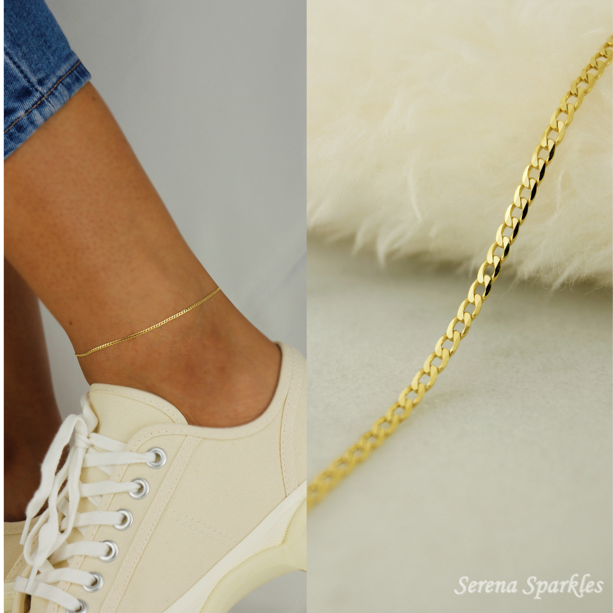 10k Solid Gold Curb Chain Anklet - Serena Sparkles